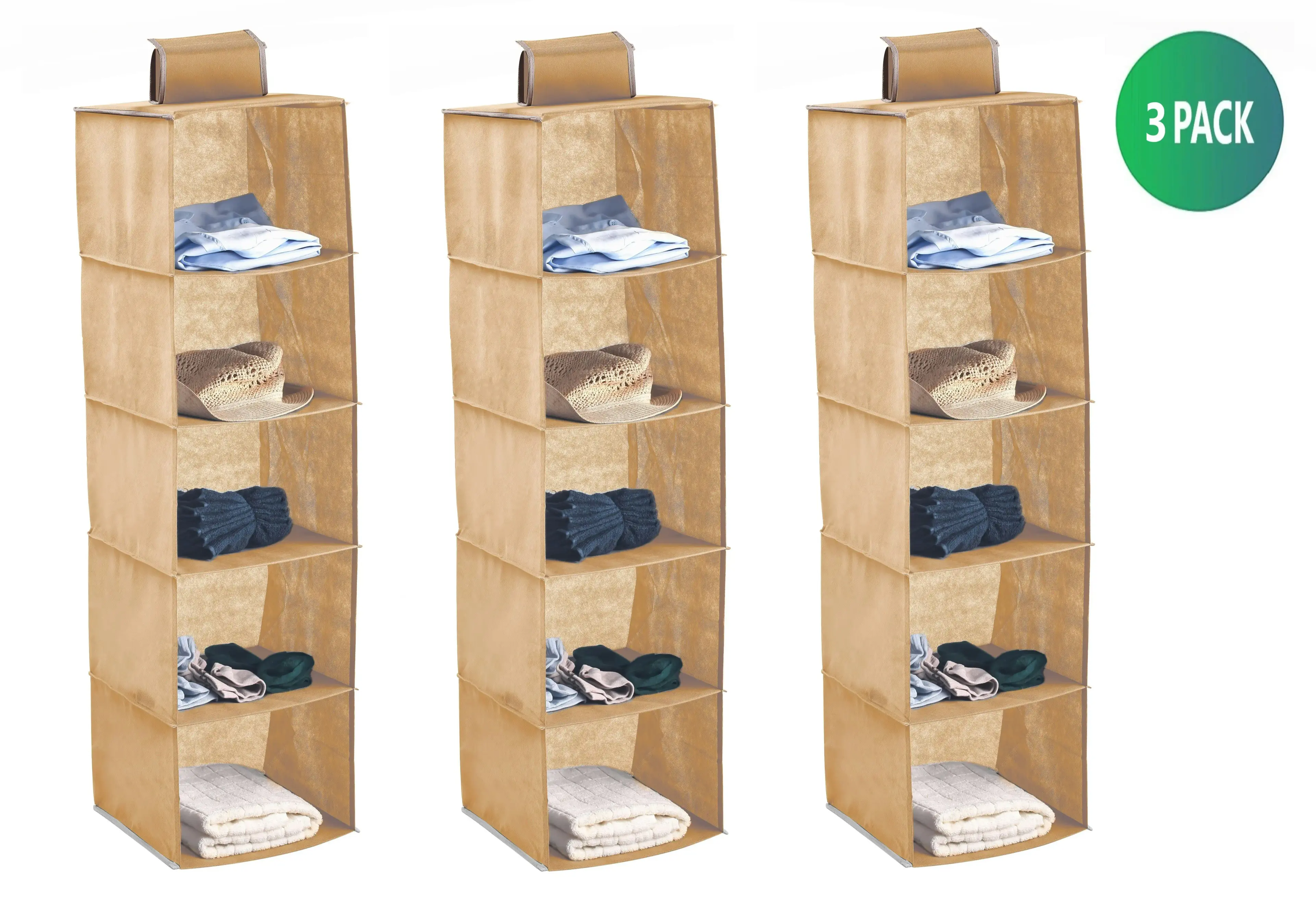 3 Pack 5-Tier Shelf Hanging Closet Organizer and Storage for Clothes (Beige)