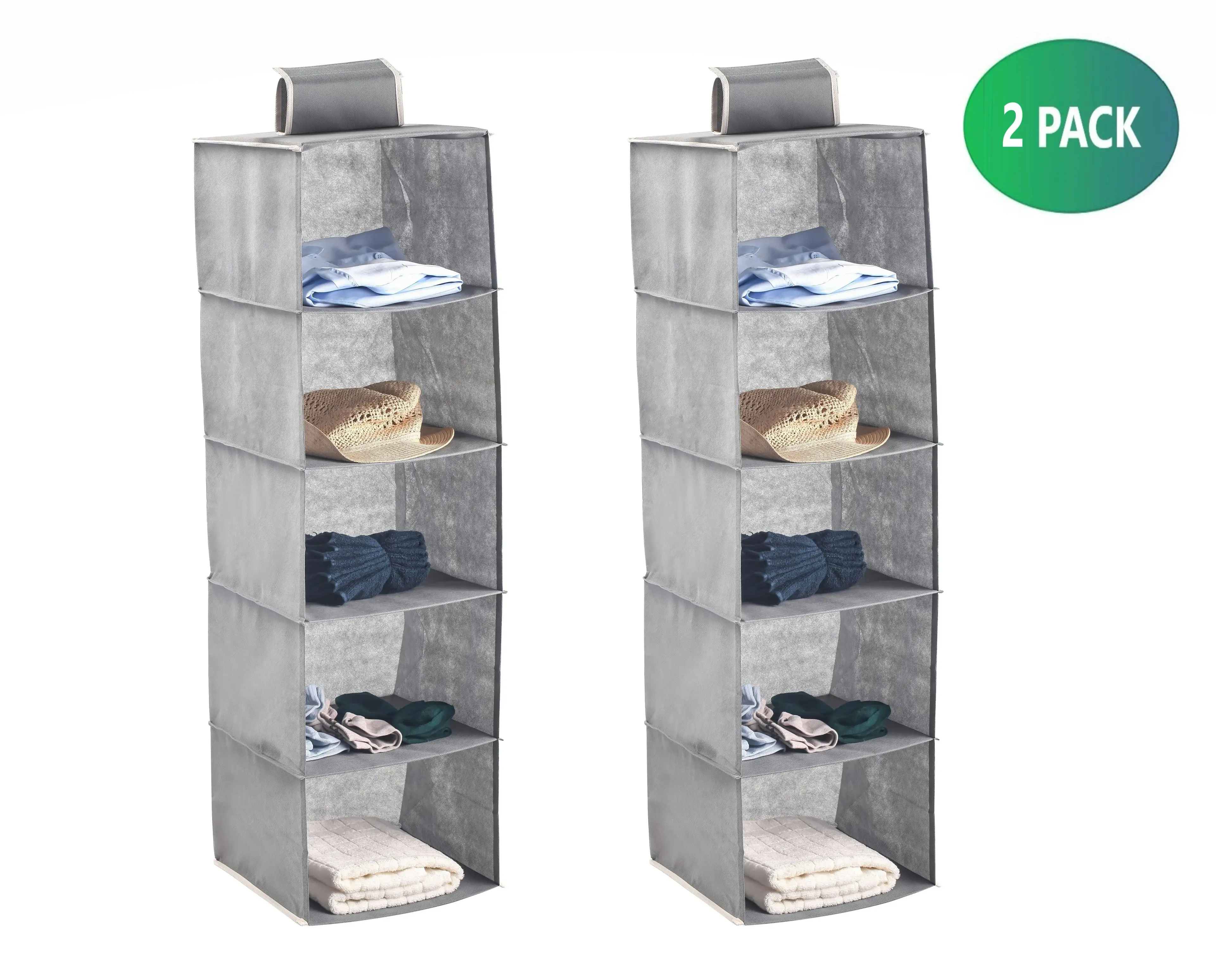 2 Pack 5-Tier Shelf Hanging Closet Organizer and Storage for Clothes (Grey)