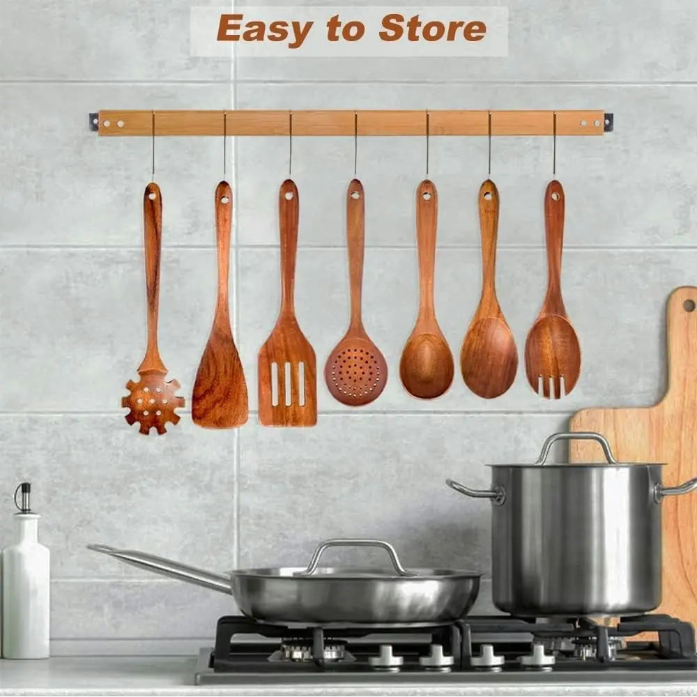 7Pcs Teak Wooden Utensils Cooking Non-Stick Spatula Set Comfortable Grip