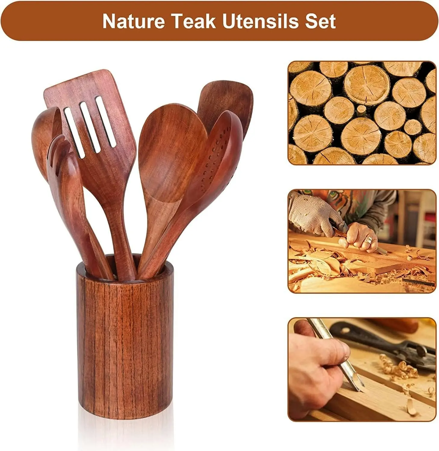 7Pcs Teak Wooden Utensils Cooking Non-Stick Spatula Set Comfortable Grip