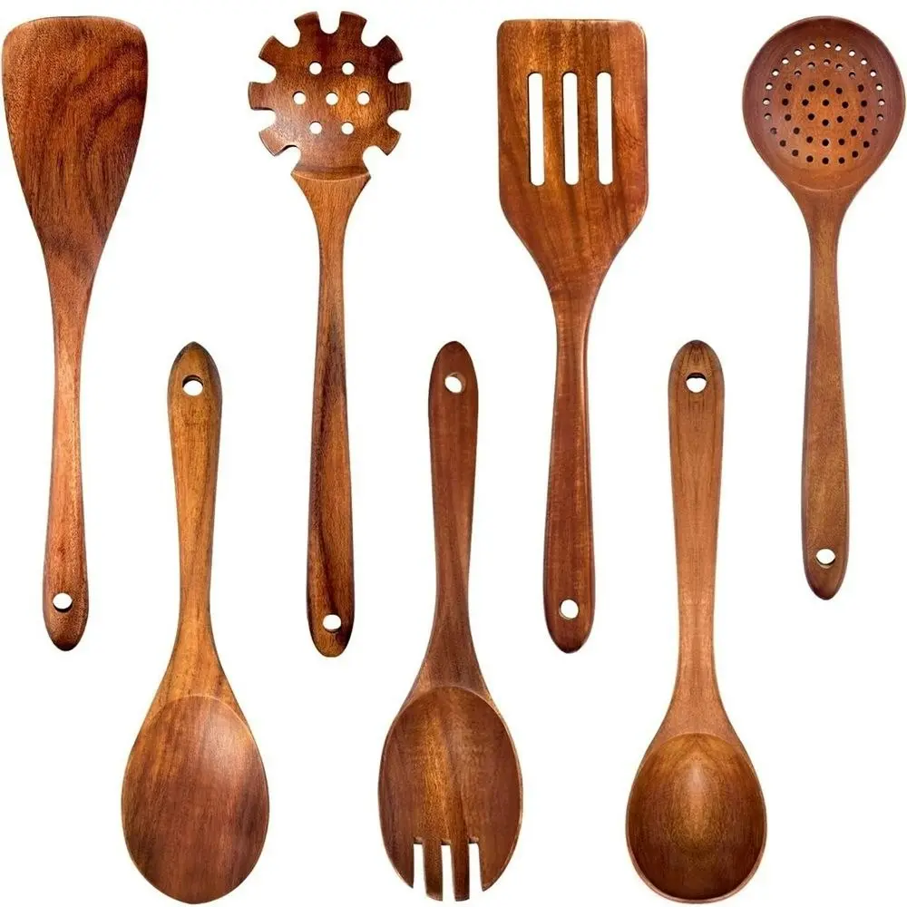 7Pcs Teak Wooden Utensils Cooking Non-Stick Spatula Set Comfortable Grip