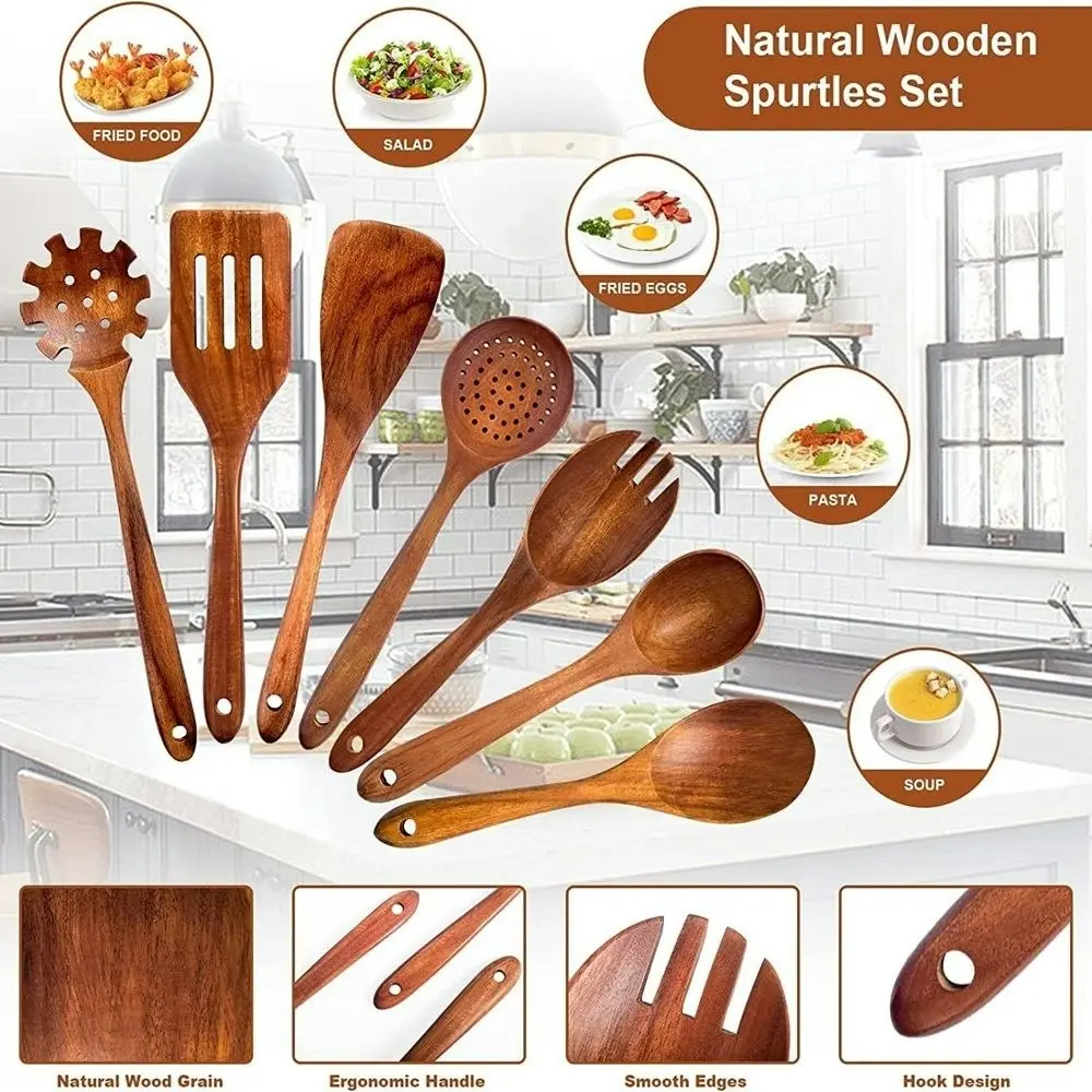 7Pcs Teak Wooden Utensils Cooking Non-Stick Spatula Set Comfortable Grip