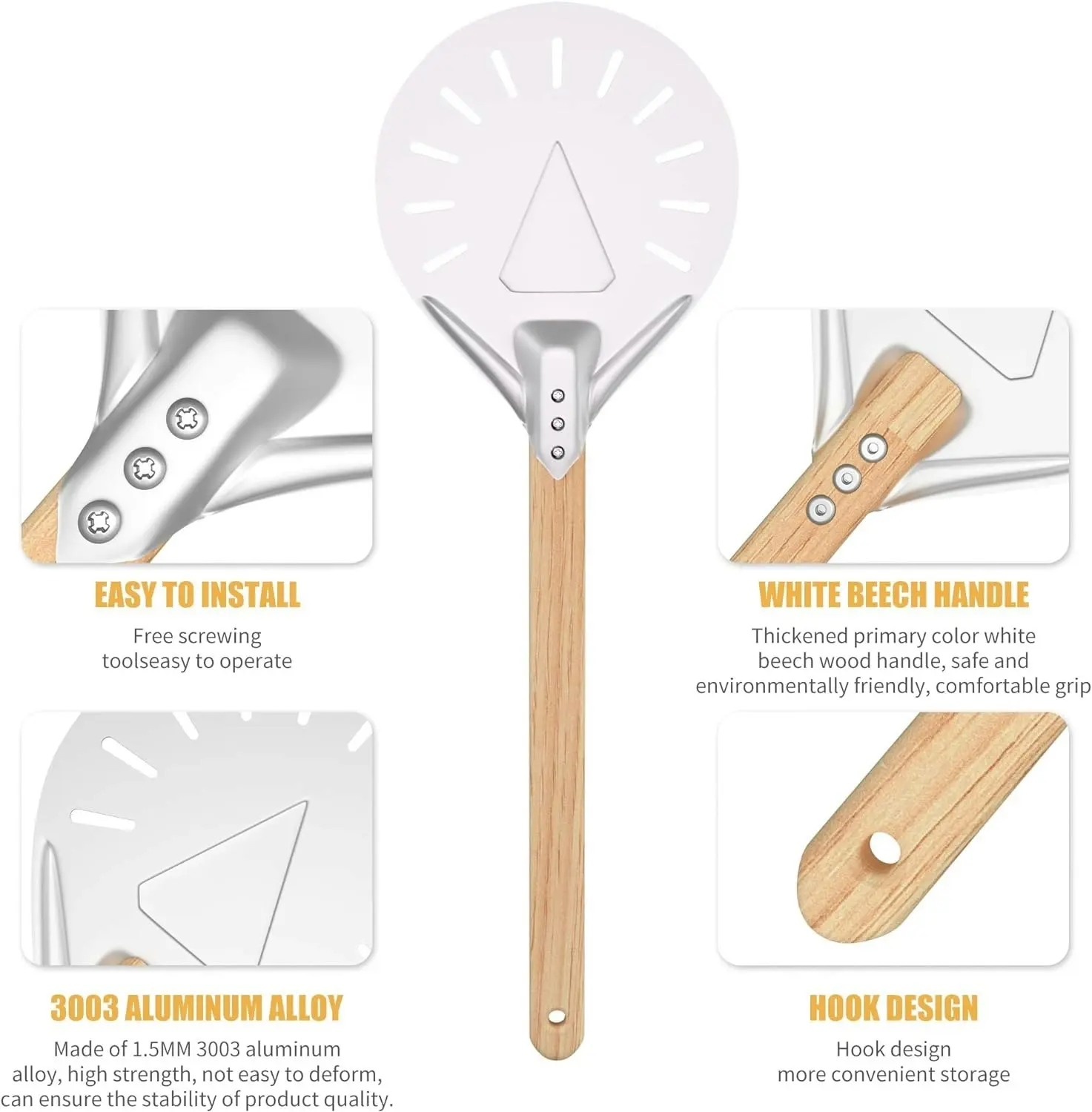 Pizza Peel Professional Durable Non-Slip, Aluminum