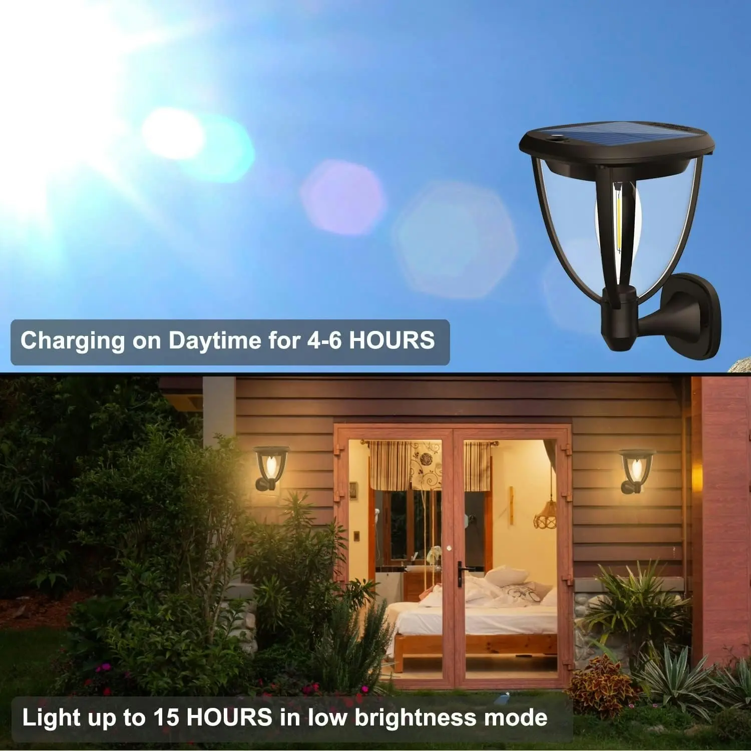 2 Pack Solar Wall Lantern Lights Outdoor, 80LM Warm White, 2 Modes, Wall Mount/Deck Post for Door, Fence, Patio, Garden, Garage