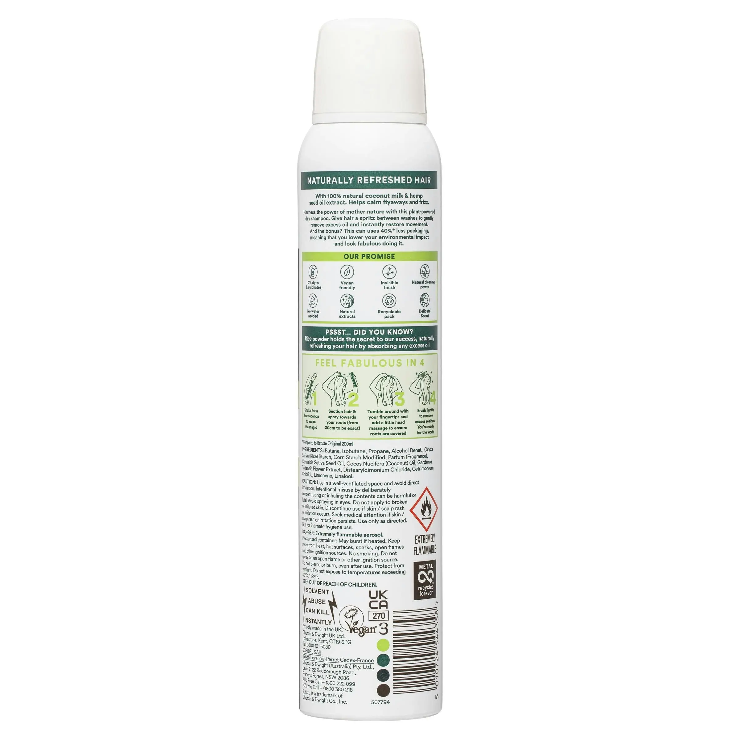 Batiste Naturally Coconut Milk & Hemp Seed Oil Dry Shampoo 200ml