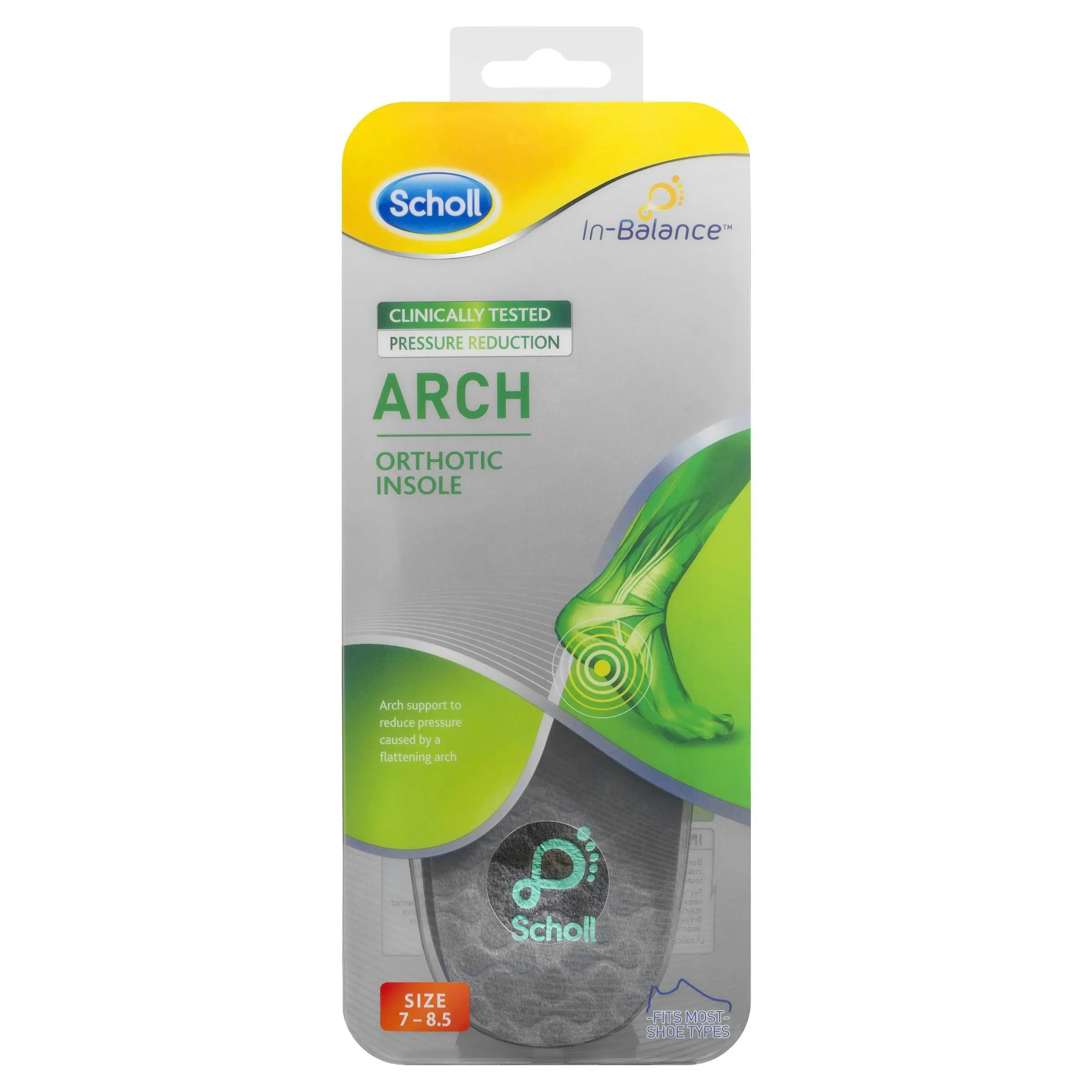 Scholl In-Balance Arch Orthotic Insole Medium Size 7- 8.5 1 Pair