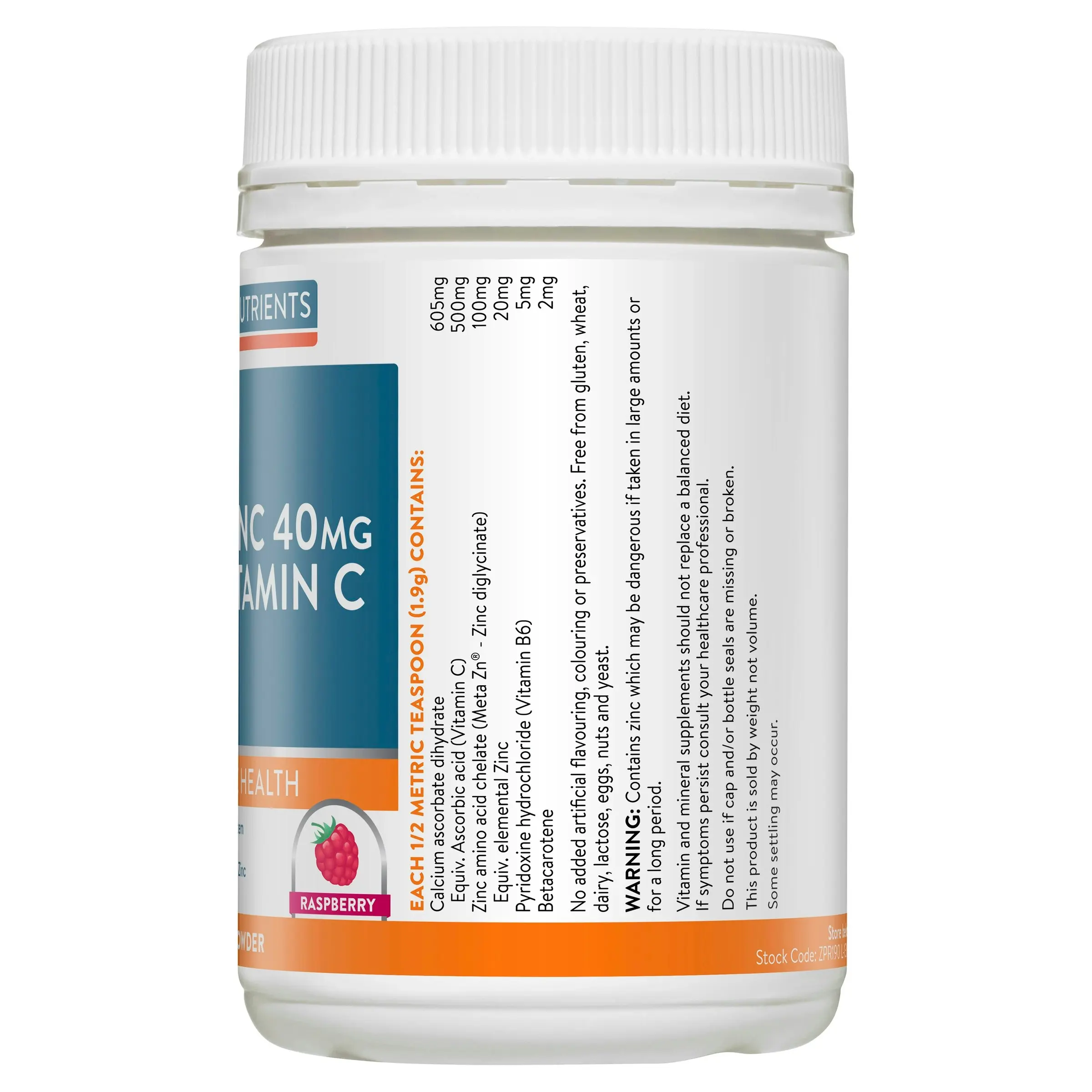 Ethical Nutrients Mega Zinc 40mg with Vitamin C Raspberry 190g Powder