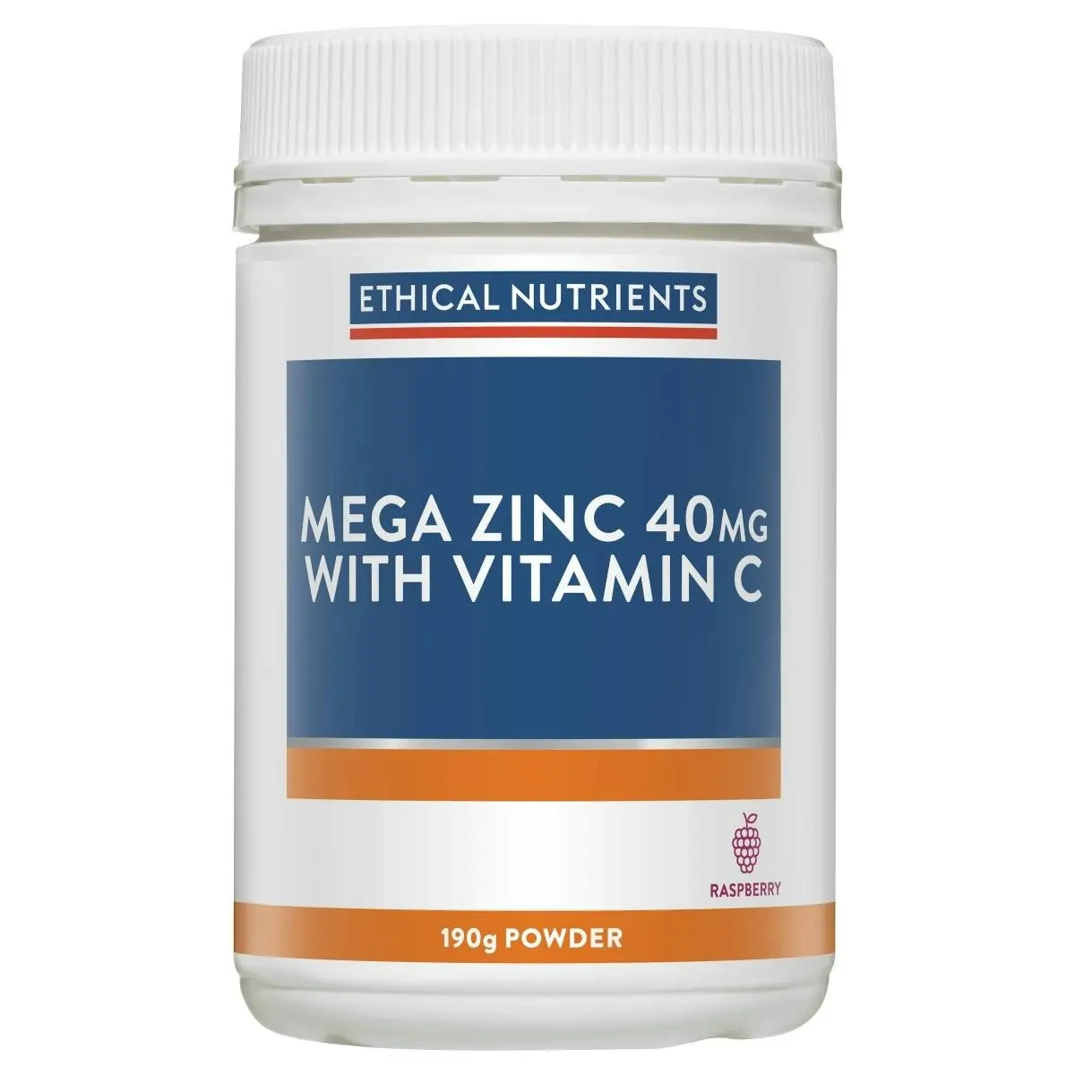 Ethical Nutrients Mega Zinc 40mg with Vitamin C Raspberry 190g Powder