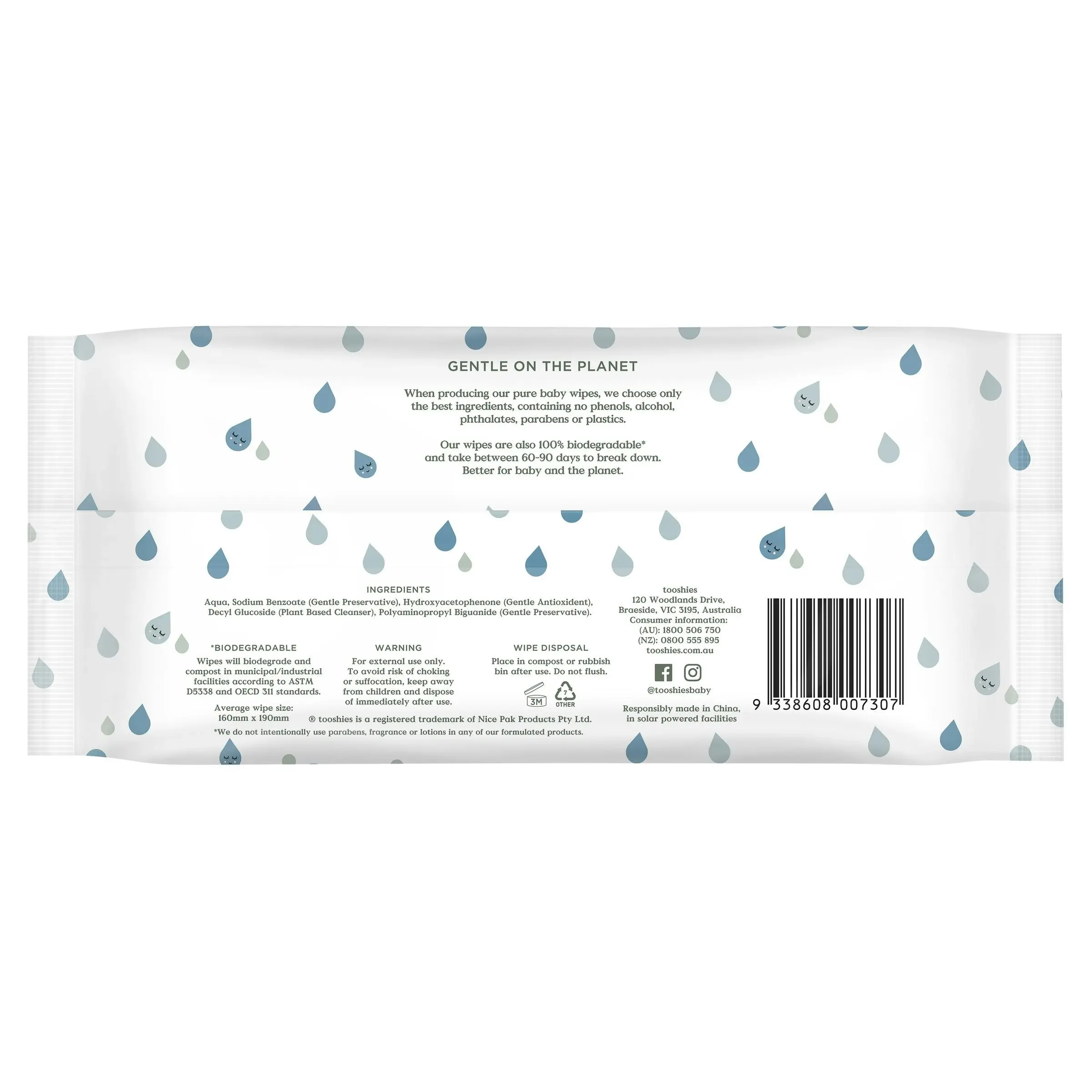 Tooshies Biodegradable Baby Wipes Pure Water 70 Pack