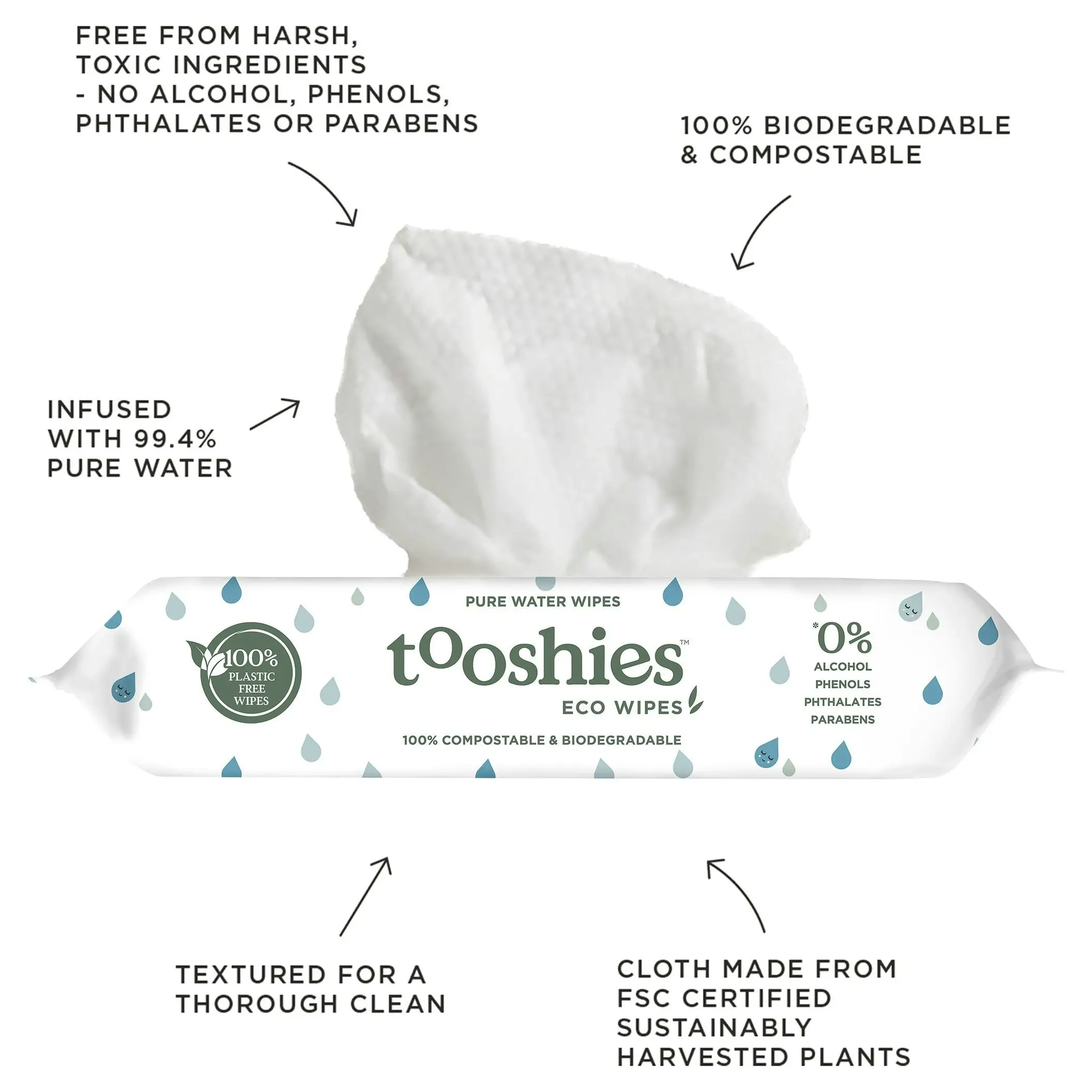 Tooshies Biodegradable Baby Wipes Pure Water 70 Pack