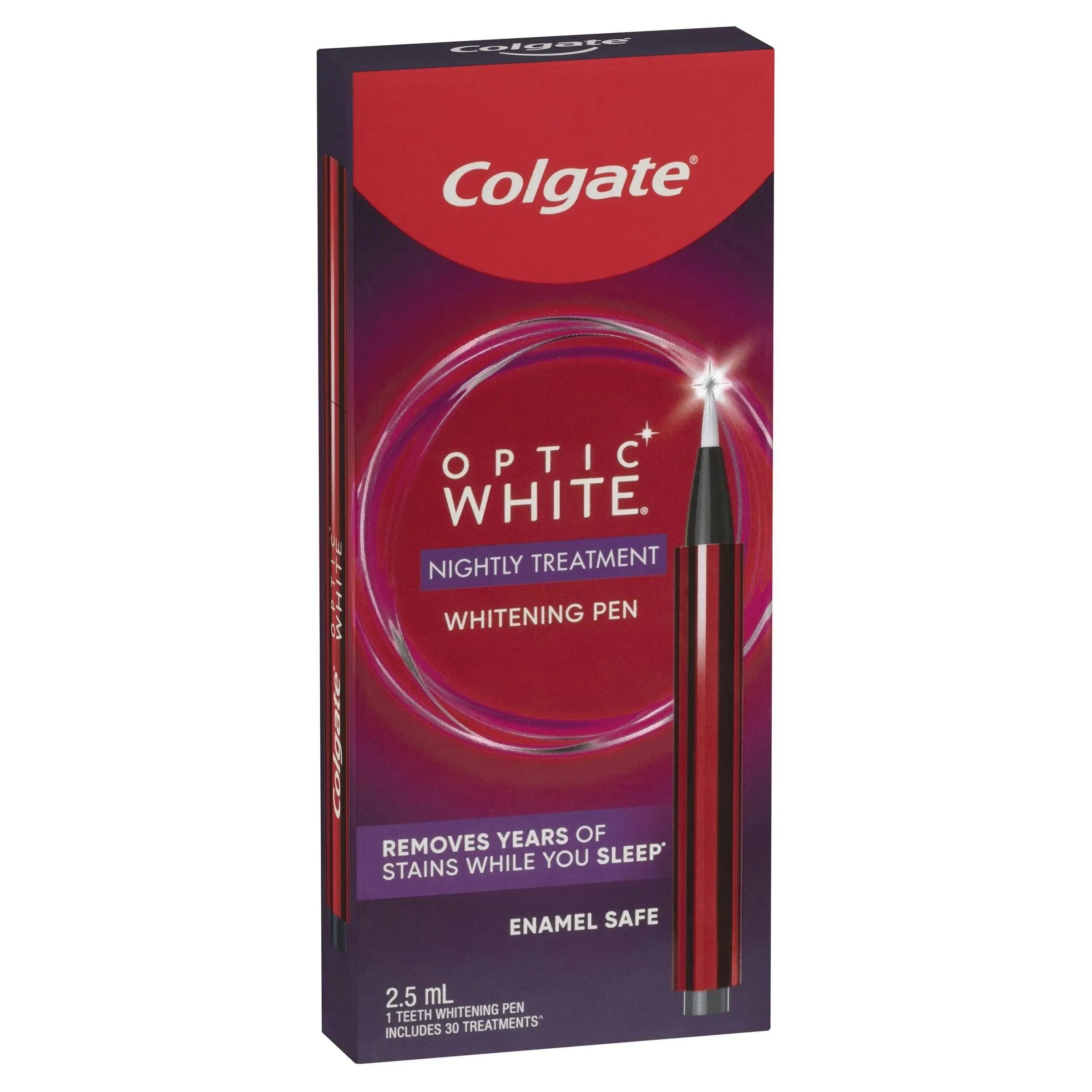 Colgate Optic White Overnight Teeth Whitening Treatment Pen With Hydrogen Peroxide Enamel Safe 2.5mL