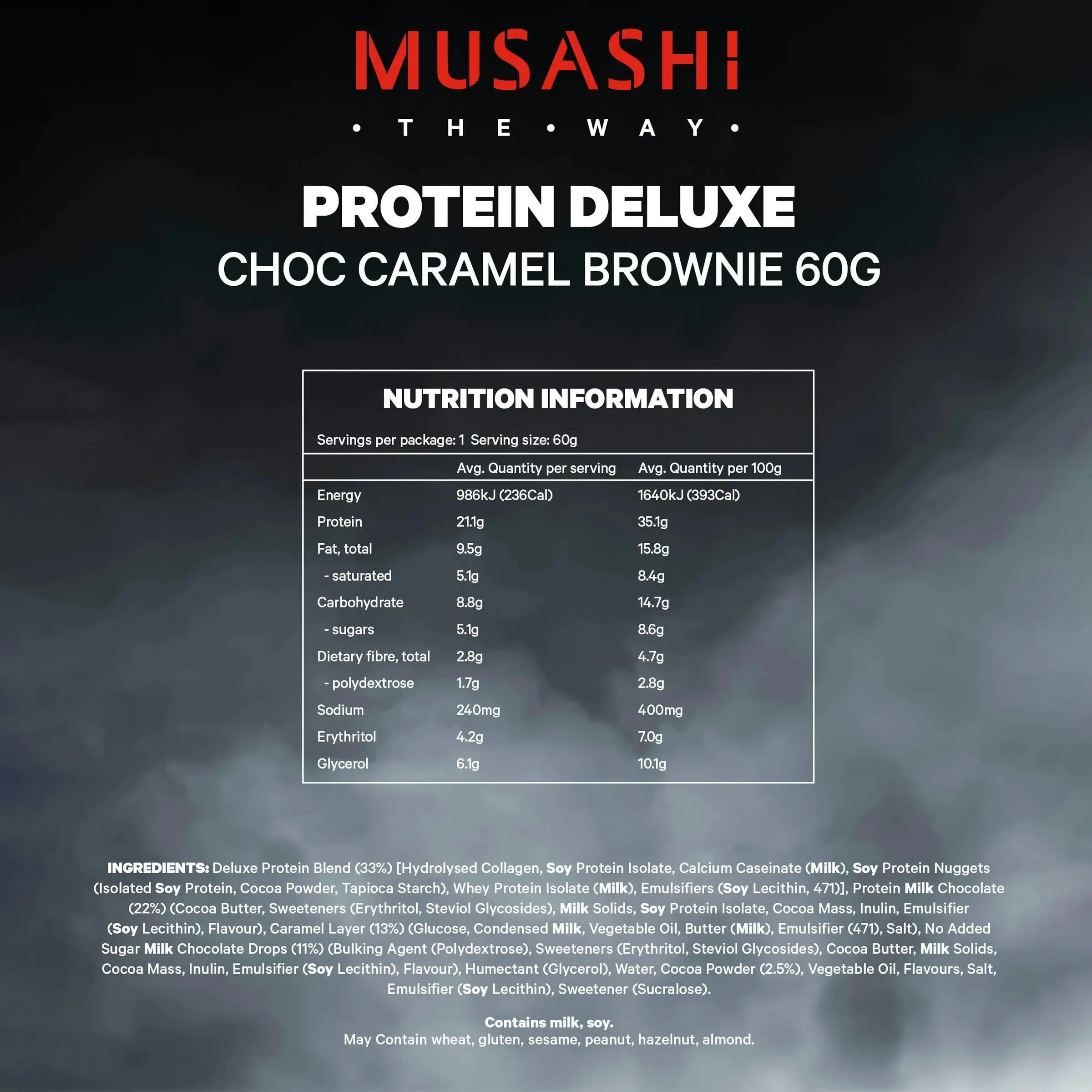 Musashi Deluxe Protein Bar Choc Caramel Brownie 60g