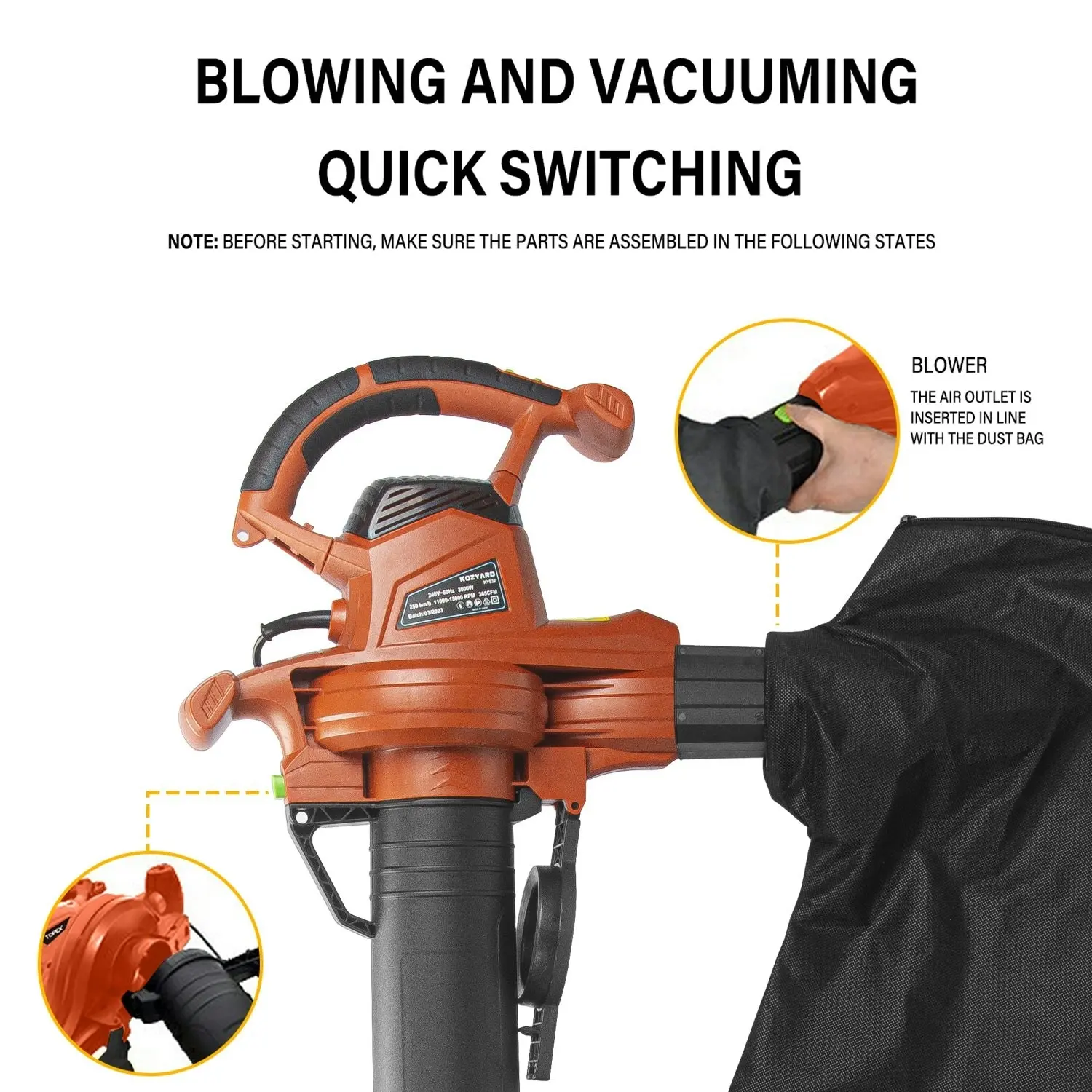 Kozyard 3-in-1 Electric Leaf Blower Vacuum Mulcher 3000W Hand-Held Leaf Vac Garden Gauge