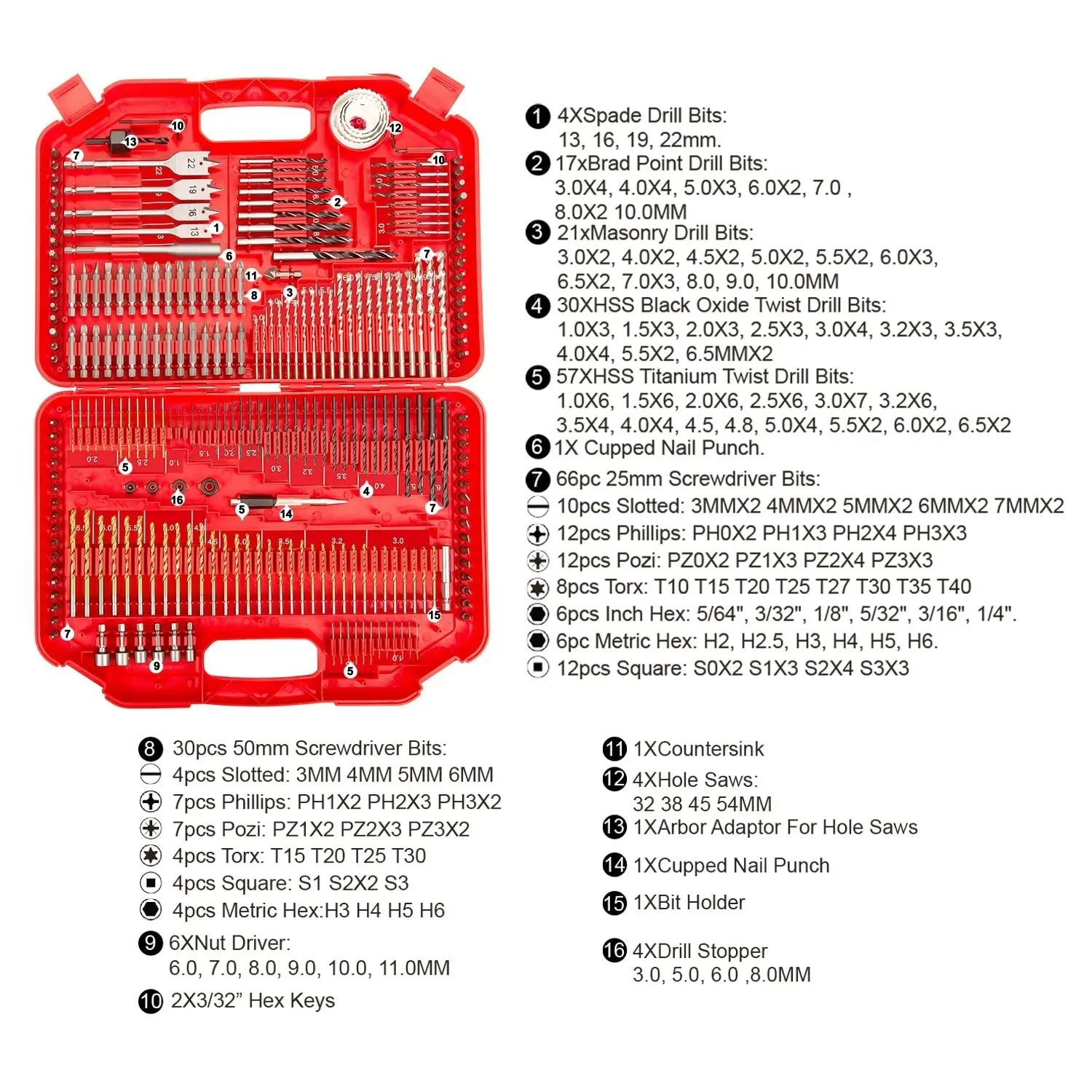 Topex 246PCs Combination Drill Bit Set Screw Bits Titanium for Metal Wood Masonry