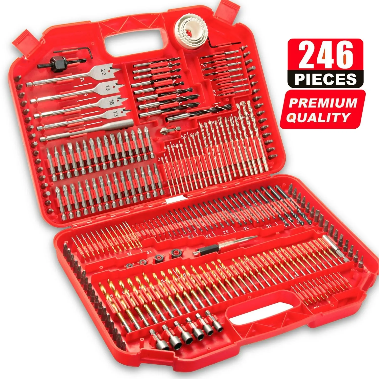 Topex 246PCs Combination Drill Bit Set Screw Bits Titanium for Metal Wood Masonry