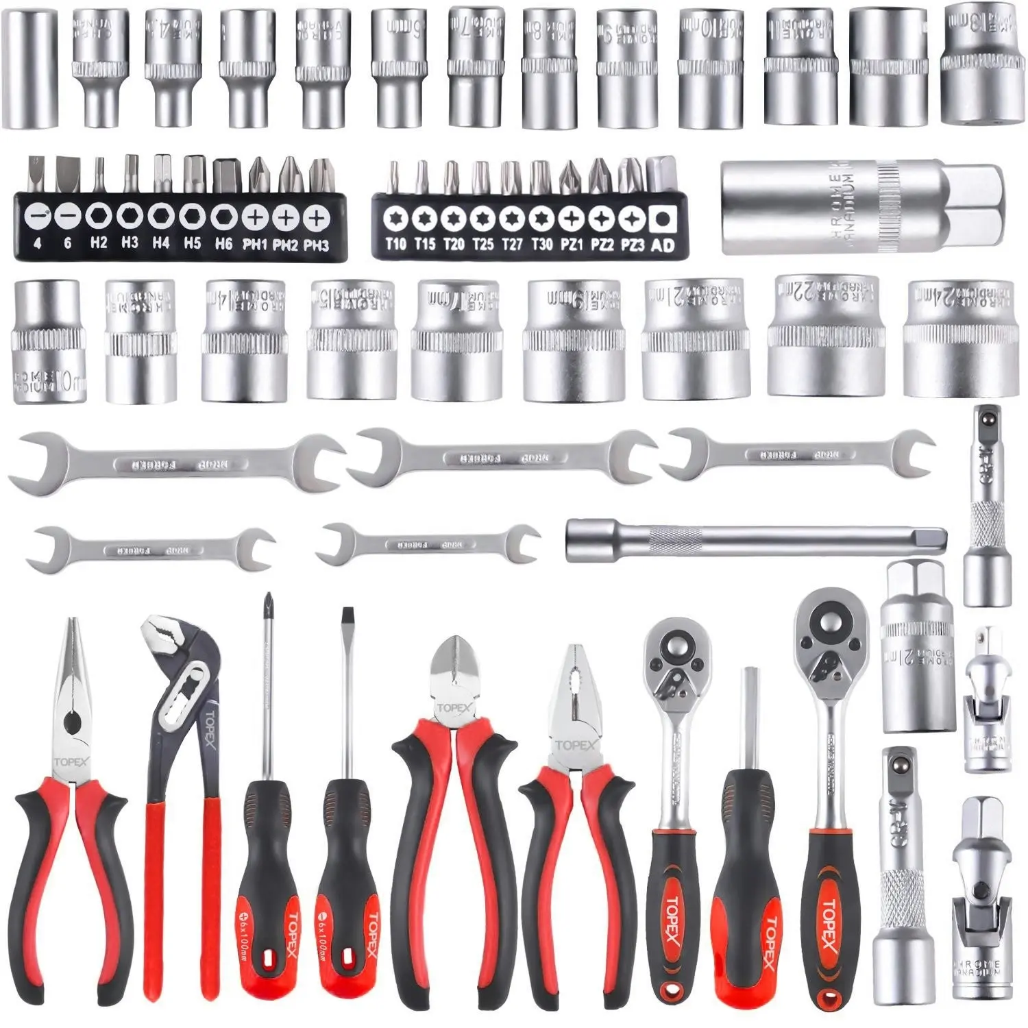 Topex 65-Piece Household Hand Tool Set Home Auto Repair Kit Premium Quality