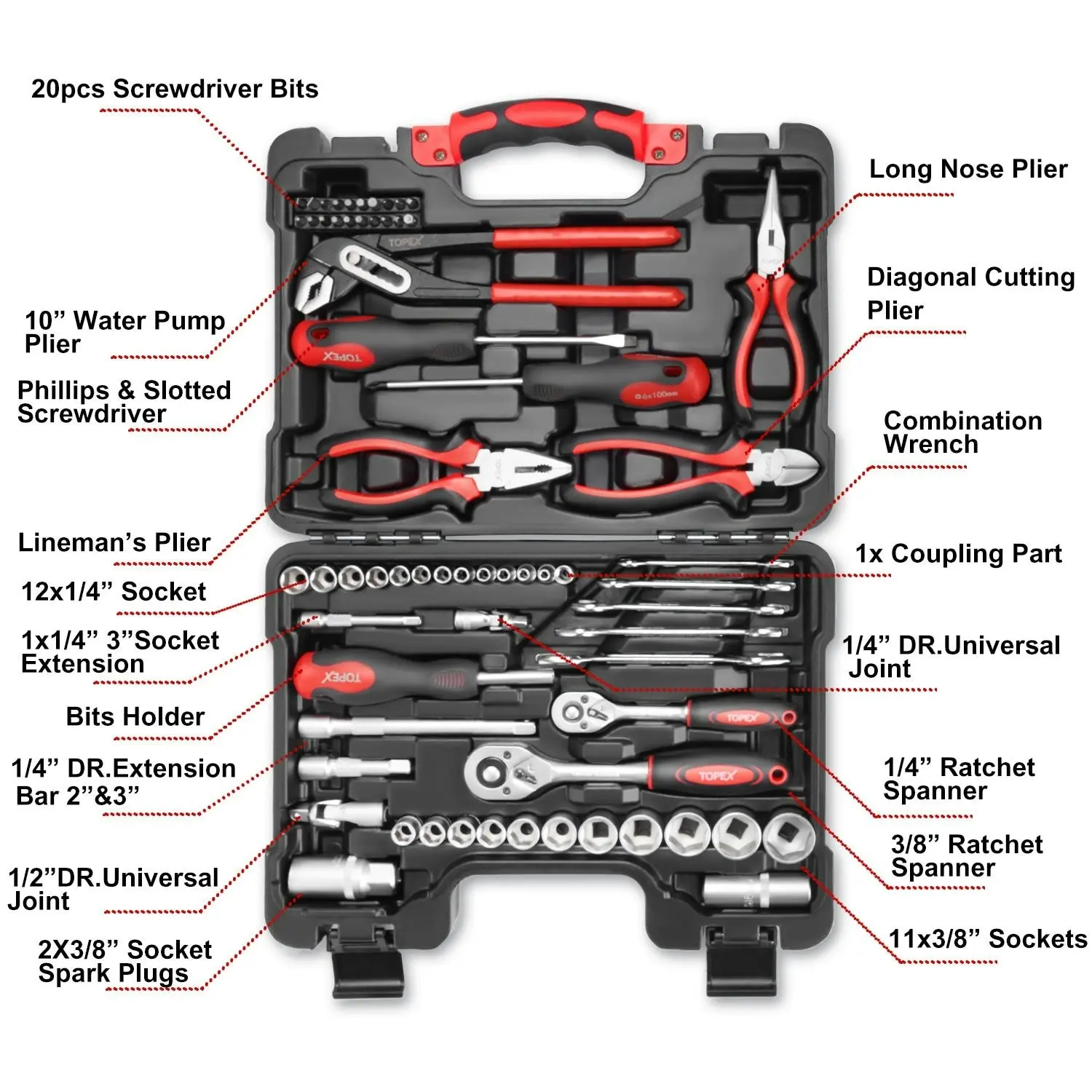 Topex 65-Piece Household Hand Tool Set Home Auto Repair Kit Premium Quality