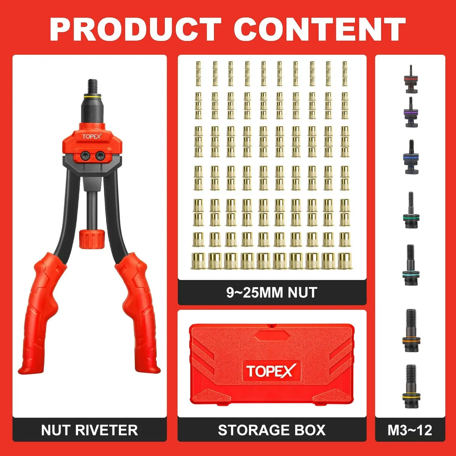 Topex 160PCS Heavy Duty Nut Rivet Riveter Rivnut Nutsert Gun Riveting Kit Thread M3-12