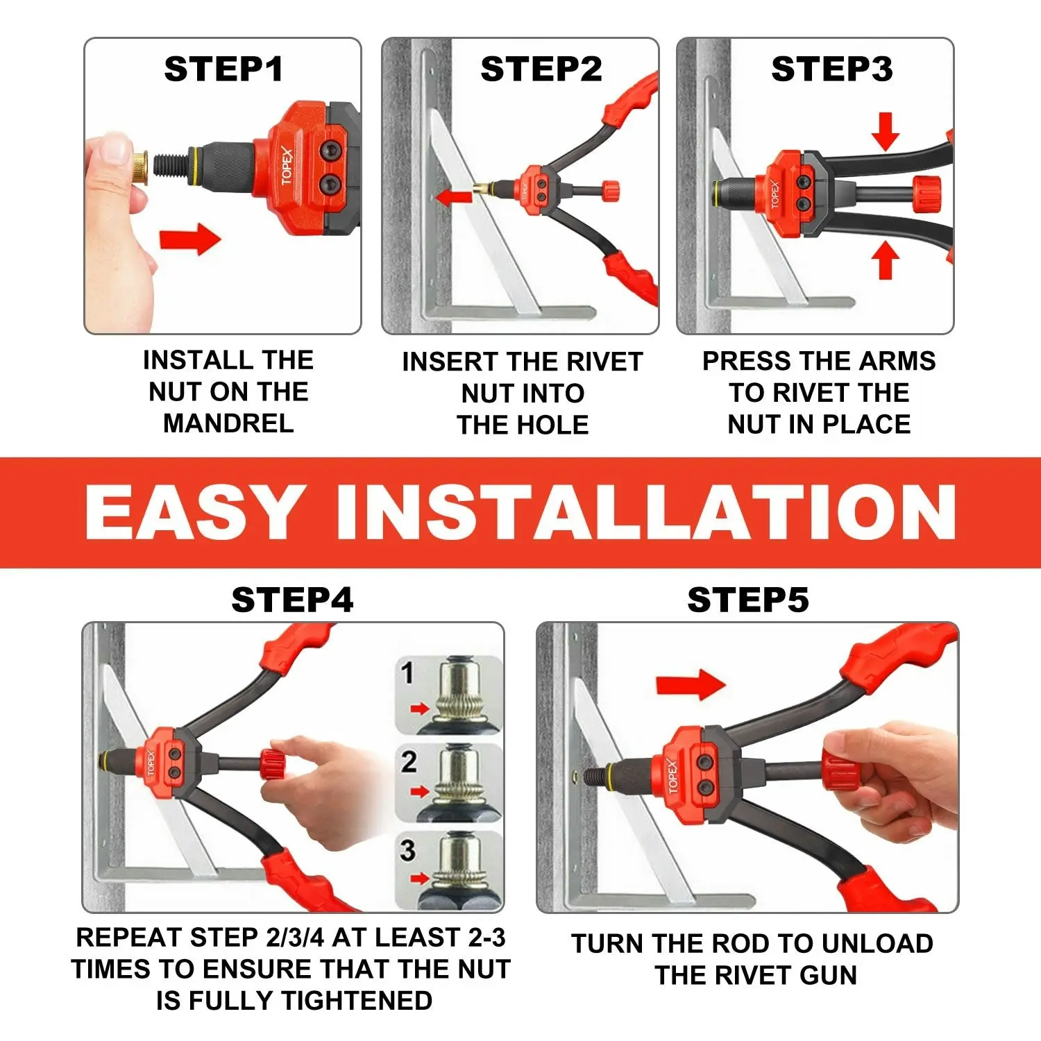 Topex 160PCS Heavy Duty Nut Rivet Riveter Rivnut Nutsert Gun Riveting Kit Thread M3-12