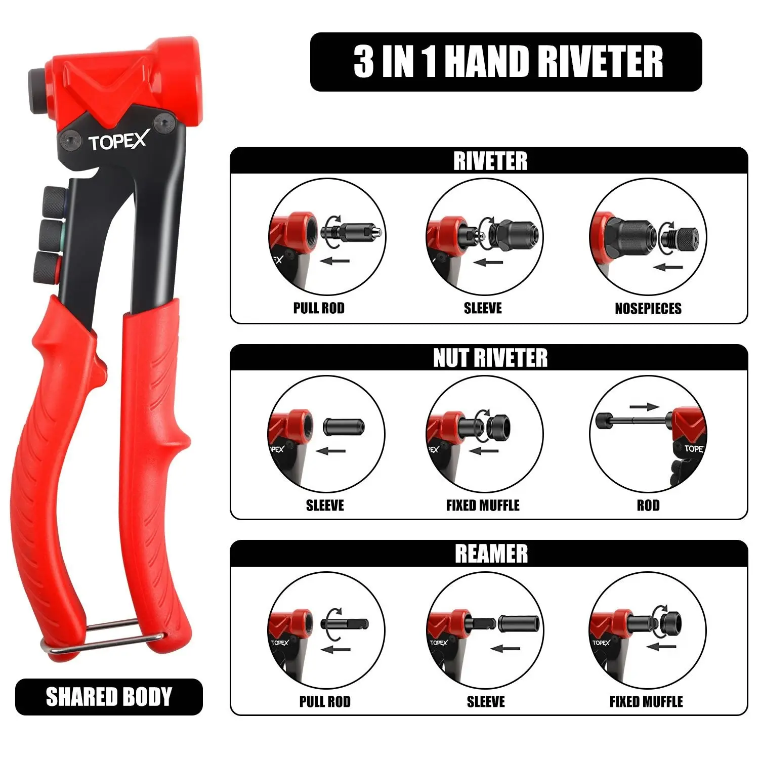 Topex 3IN1 Nut Rivet Riveter Rivnut Nutsert Hand Rivet Reaming Gun