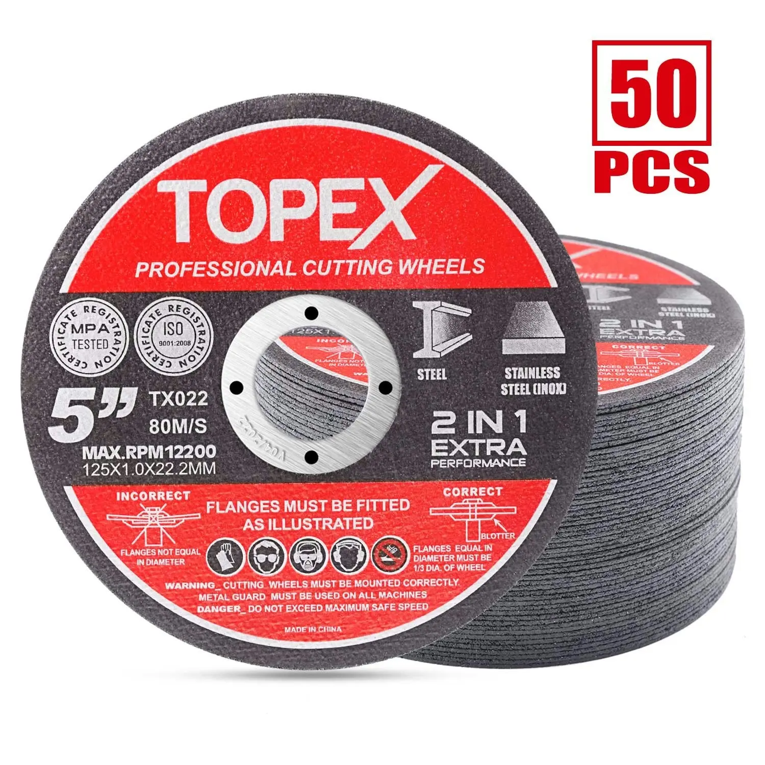 Topex 50-Piece 125mm 5" Professional Cutting Wheels Discs 2 in 1 Steel Inox Ultra Thin