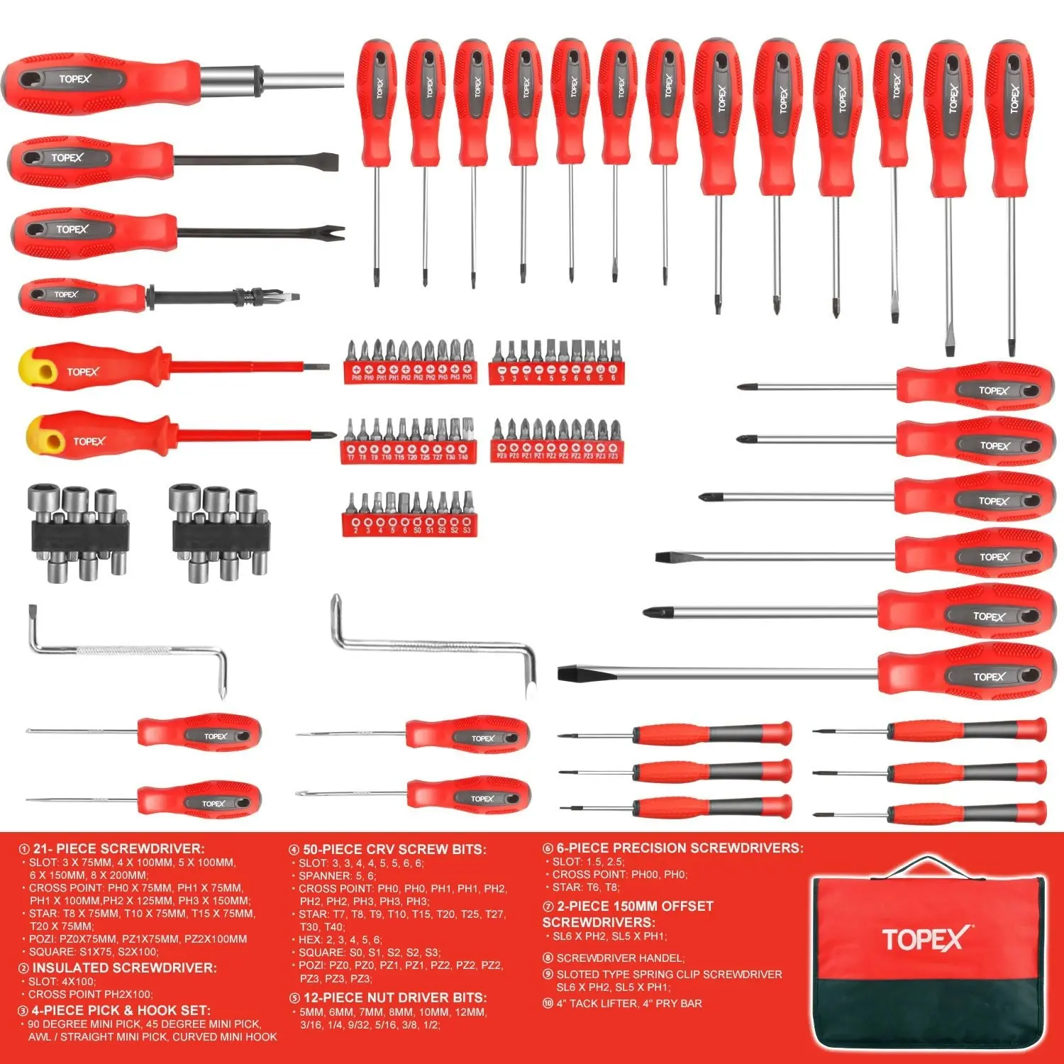 Topex 100 PCs Screwdriver Set Non-Slip Precision Screw Bits Sockets Kit w/ Oxford Bag