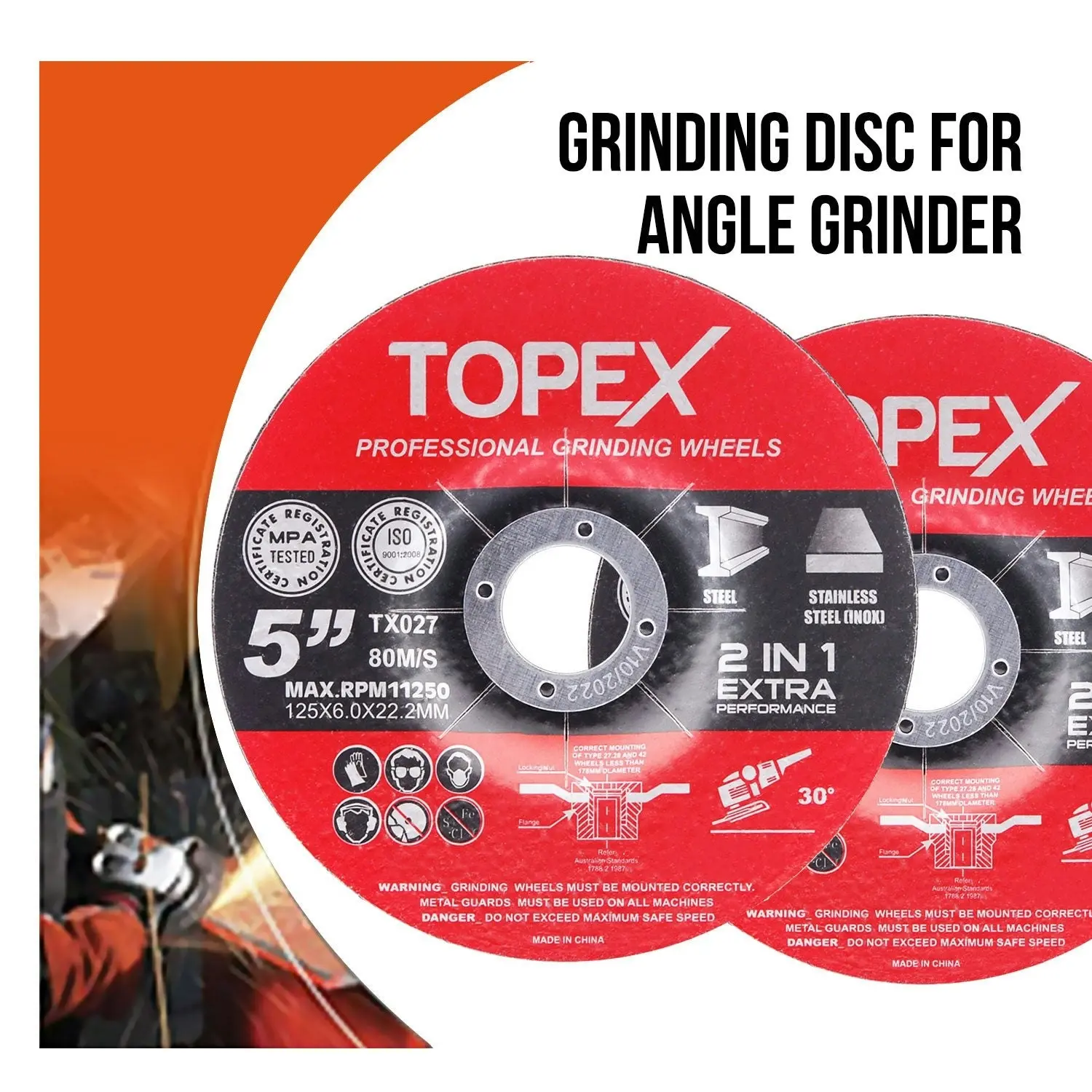 Topex 25PCS 125x 6.0x 22.23mm Grinding Discs Wheels Steel Inox Angle Grinder