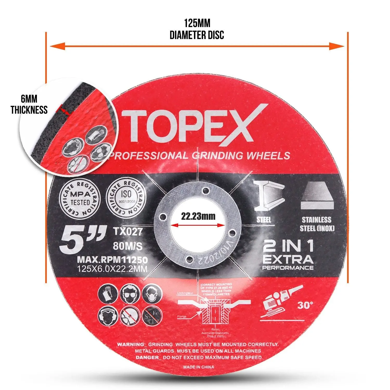 Topex 25PCS 125x 6.0x 22.23mm Grinding Discs Wheels Steel Inox Angle Grinder