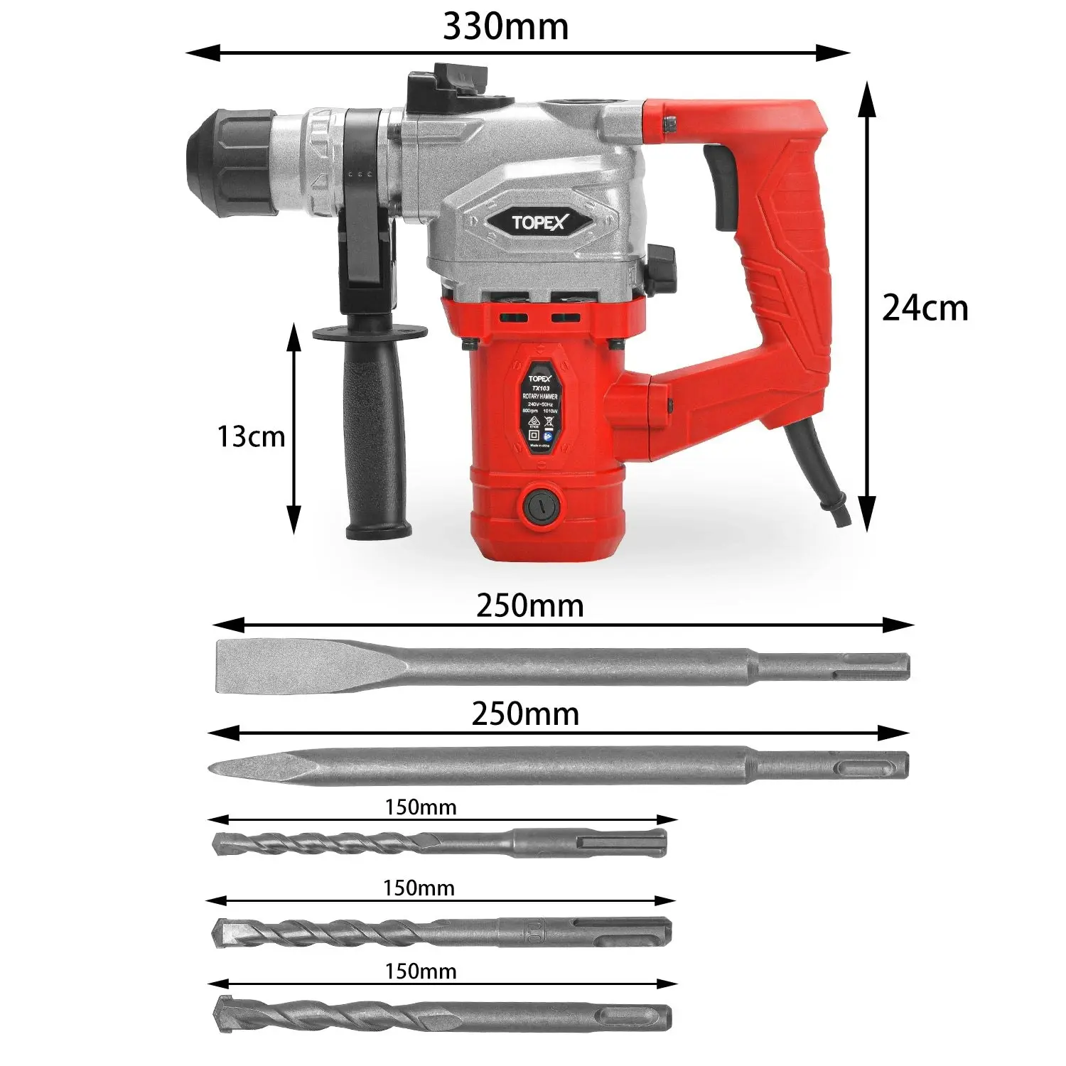 Topex 1010W SDS+ Rotary Hammer Drill Demolition Jack Hammer Kit w/ Chisels Drill