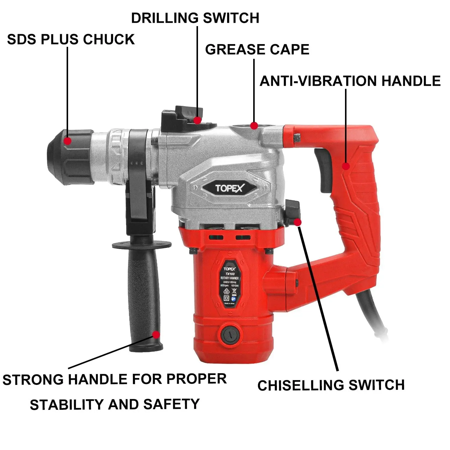 Topex 1010W SDS+ Rotary Hammer Drill Demolition Jack Hammer Kit w/ Chisels Drill