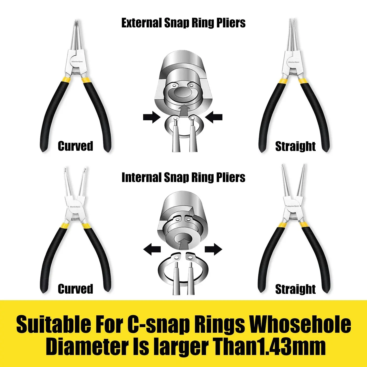 MasterSpec 7" Nickel Coated Circlip Pliers Set Snap Ring Remover Rolling Pounch