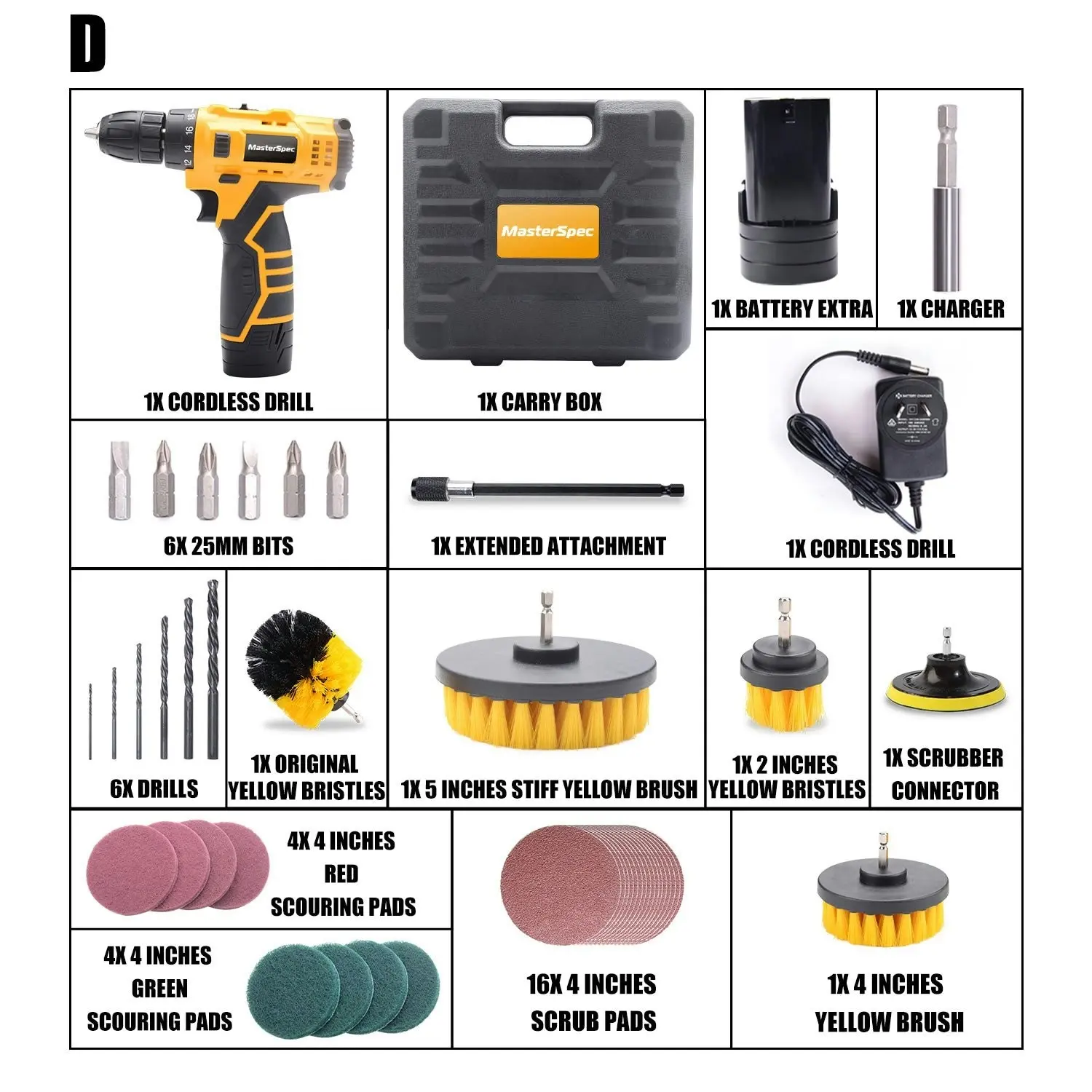 MasterSpec 12V Cordless Drill Driver Screwdriver Accessories W/Drill Brush