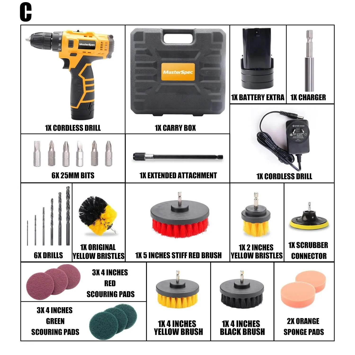 MasterSpec 12V Cordless Drill Driver Screwdriver Accessories W/Drill Brush