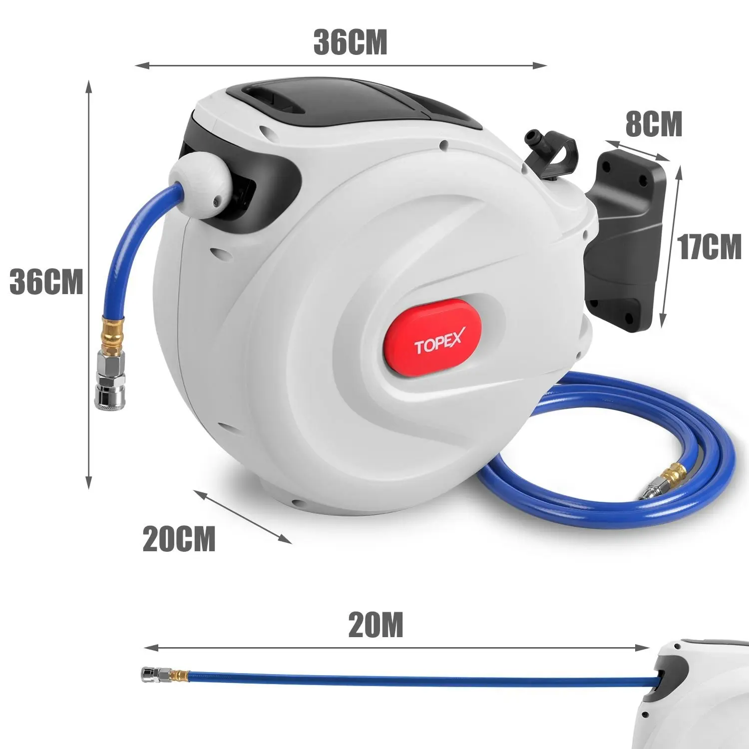 Topex 20m Air Hose Reel with Quick Fitting Wall Mounted Auto Rewind Any Position Stop