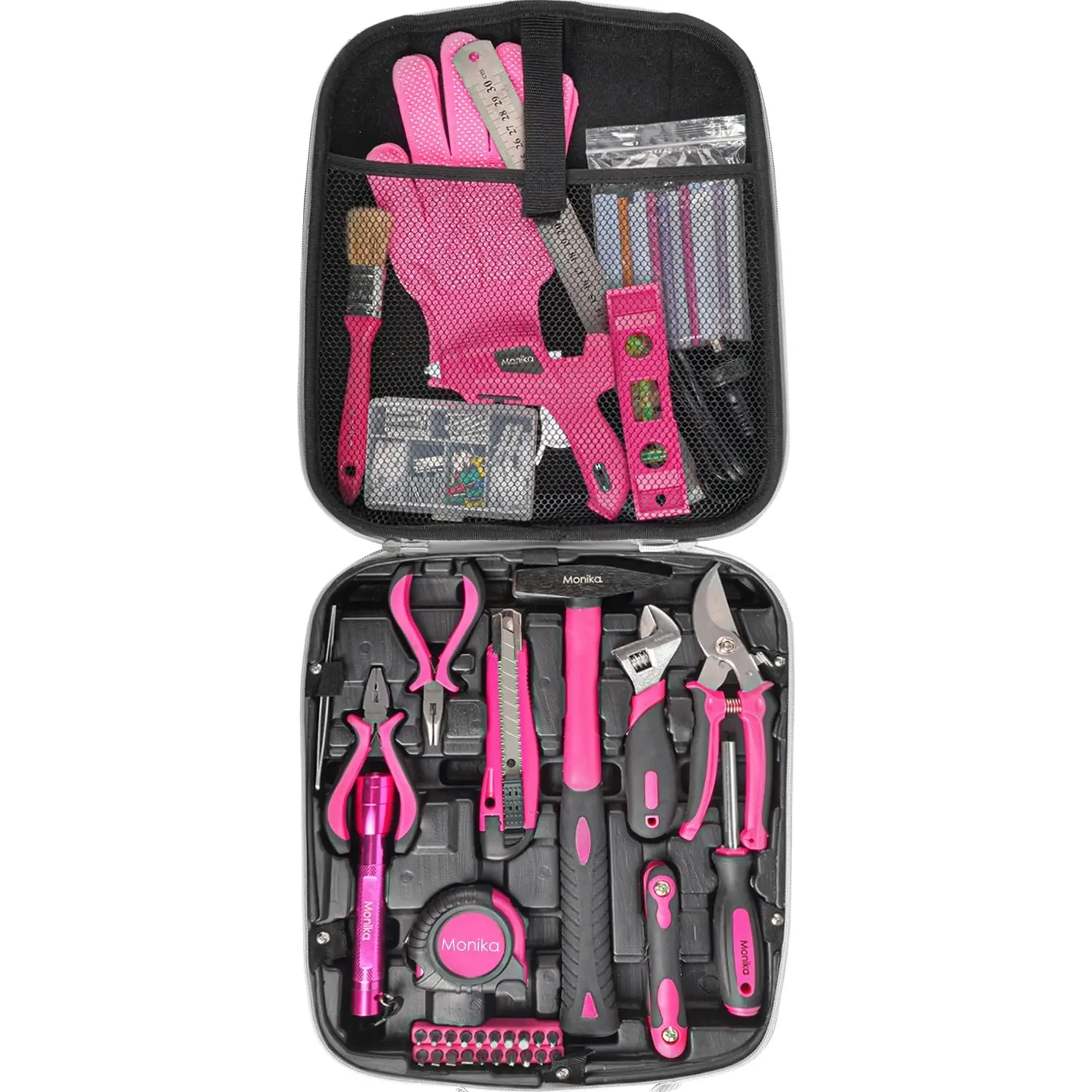 Monika 159PCS Pink Tool Kit Portable Household Tool Set Dual Temp Glue Gun Stick