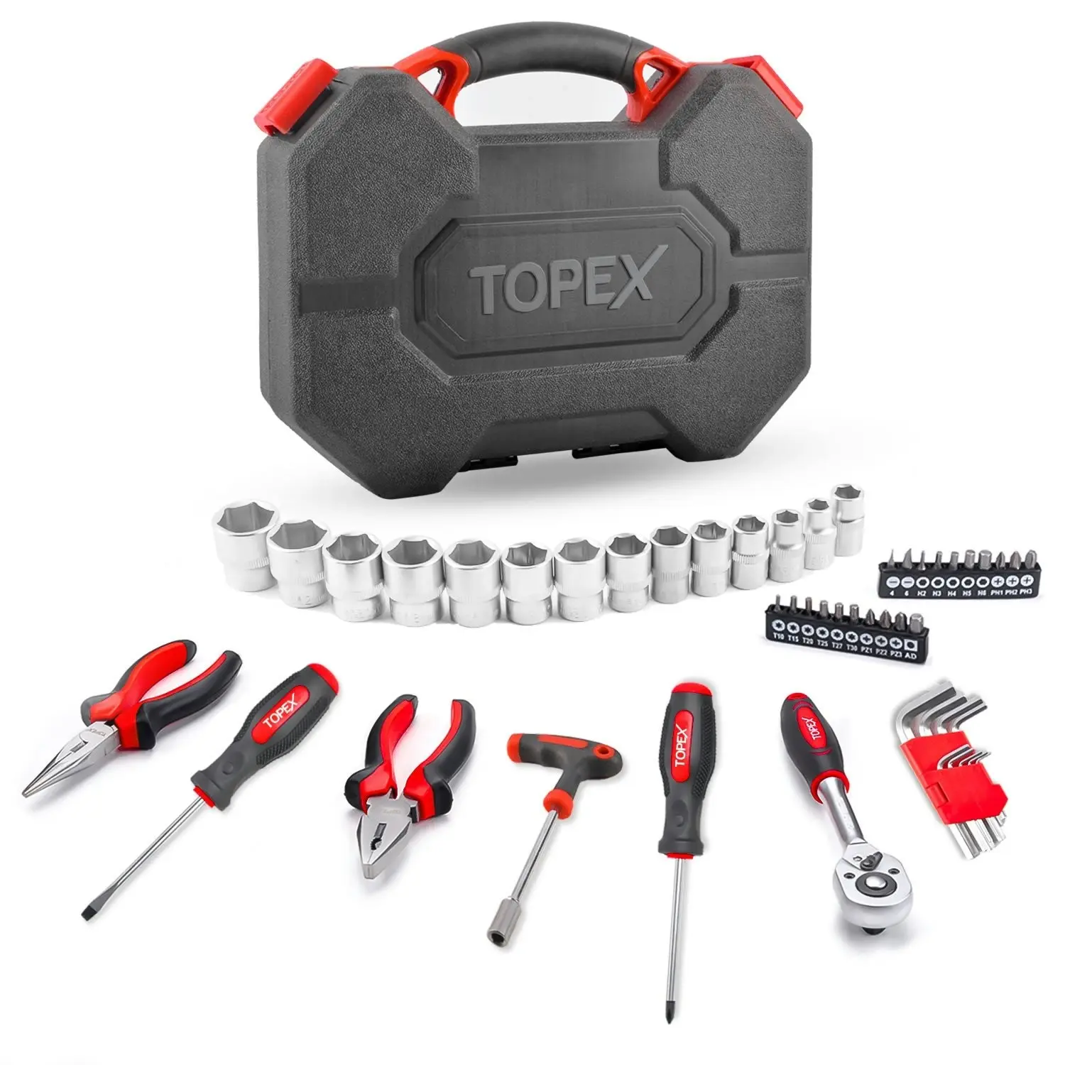 Topex 52-Piece Hand Tool Kit Portable Home/Auto Repair Set w/ Ratchet Wrench, Pliers ,Screwdriver Kits and Storage Case