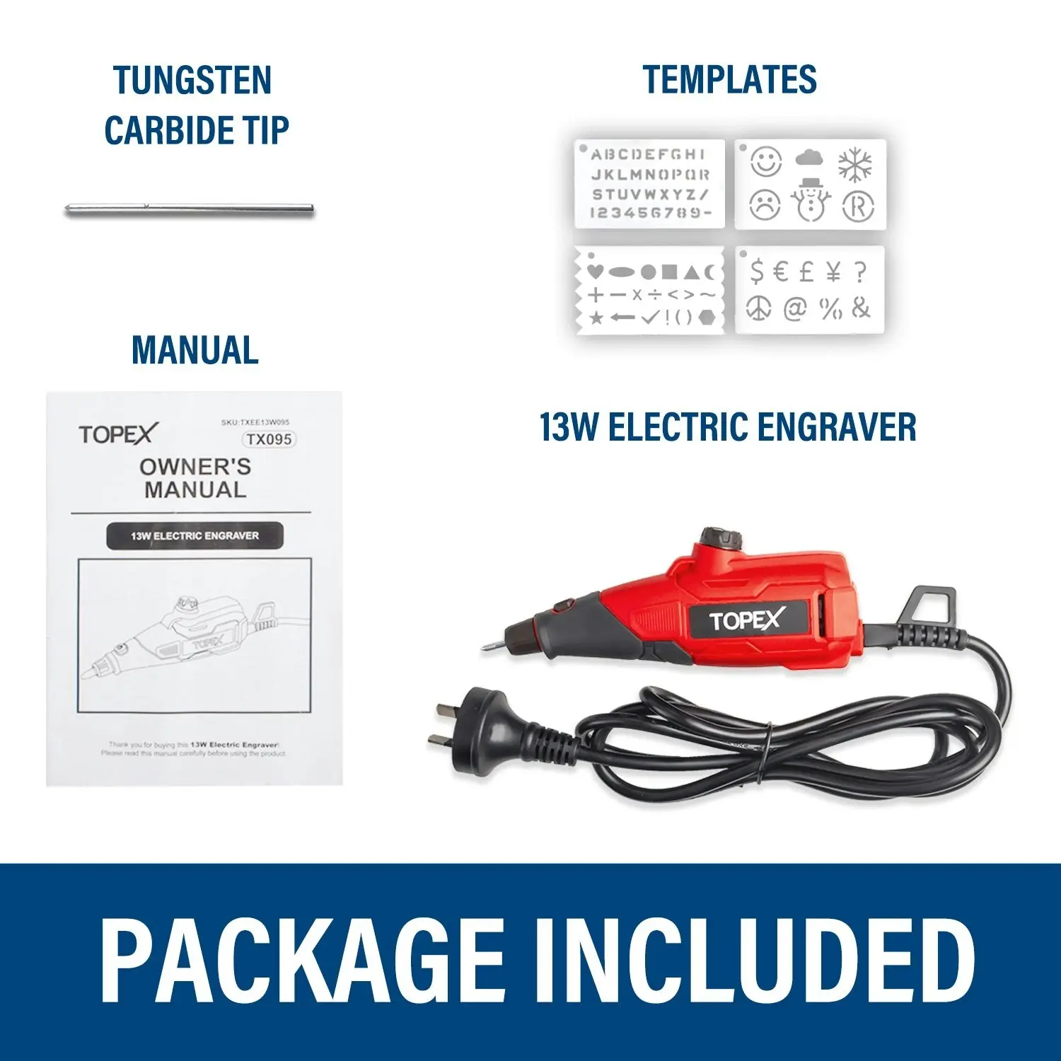 Topex 13W Electric Engraver Mini Versatile Etching Tool Kit With Stencils 2 Tips For Glass Metal Wood Plastic