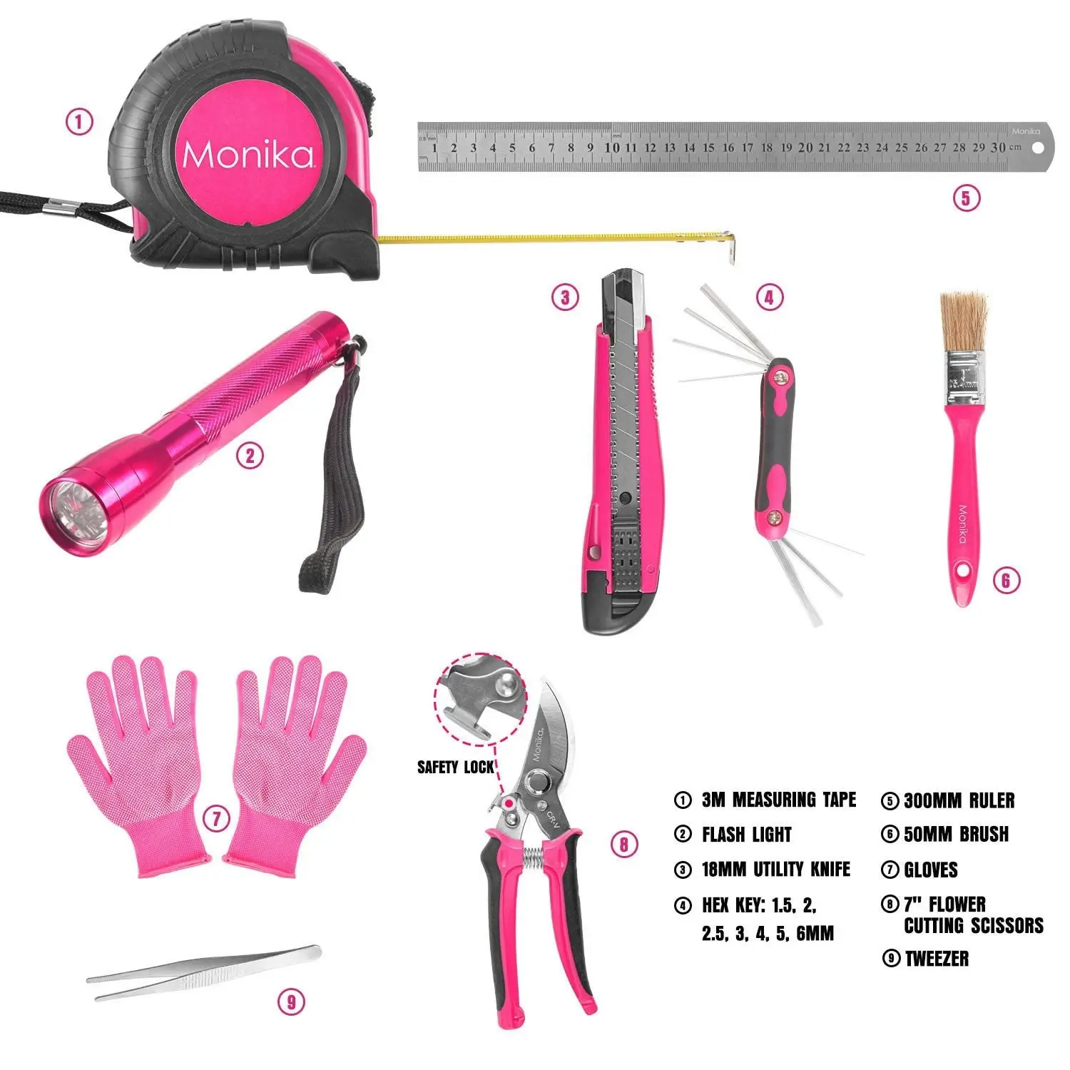 Monika Pink Tool Combo Portable Household Tool Set & Gardening Tool Kit