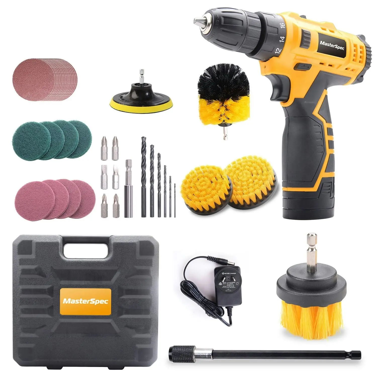 MasterSpec 45PCS Combo 12V Cordless Drill Driver Brush Kit Cleaning Sanding Pads Drill Bits