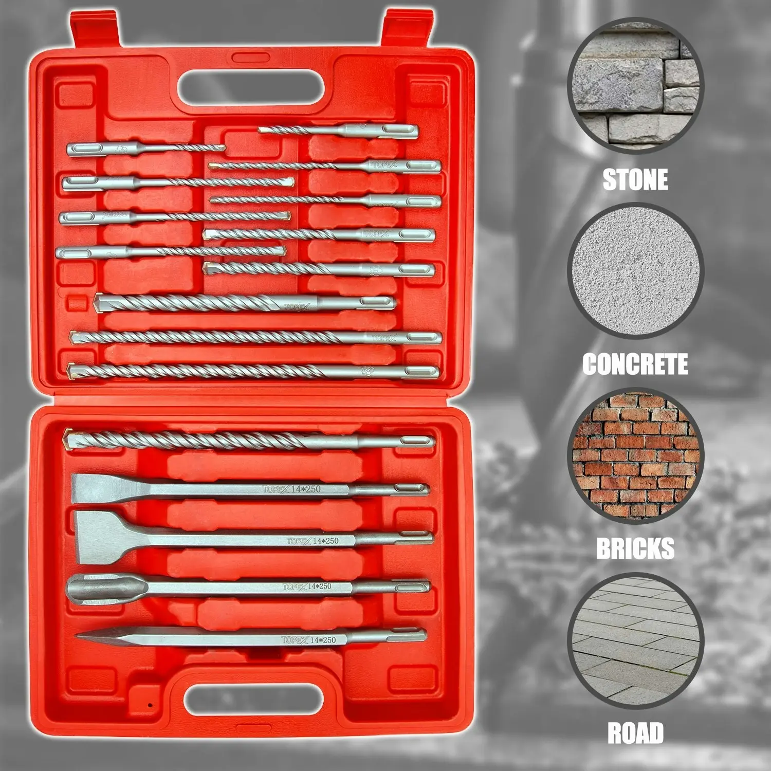 Topex 17 Piece SDS PLUS Rotary Hammer Drill Bits Set & Chisel Bits Hole Tool Set