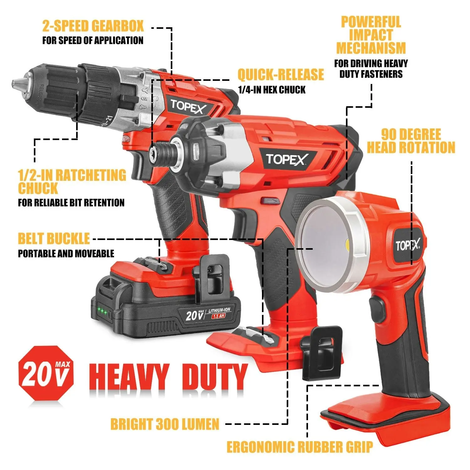 Topex 20 V Cordless Kit: Hammer Drill, Impact Driver, LED Light w/ Fast Charger