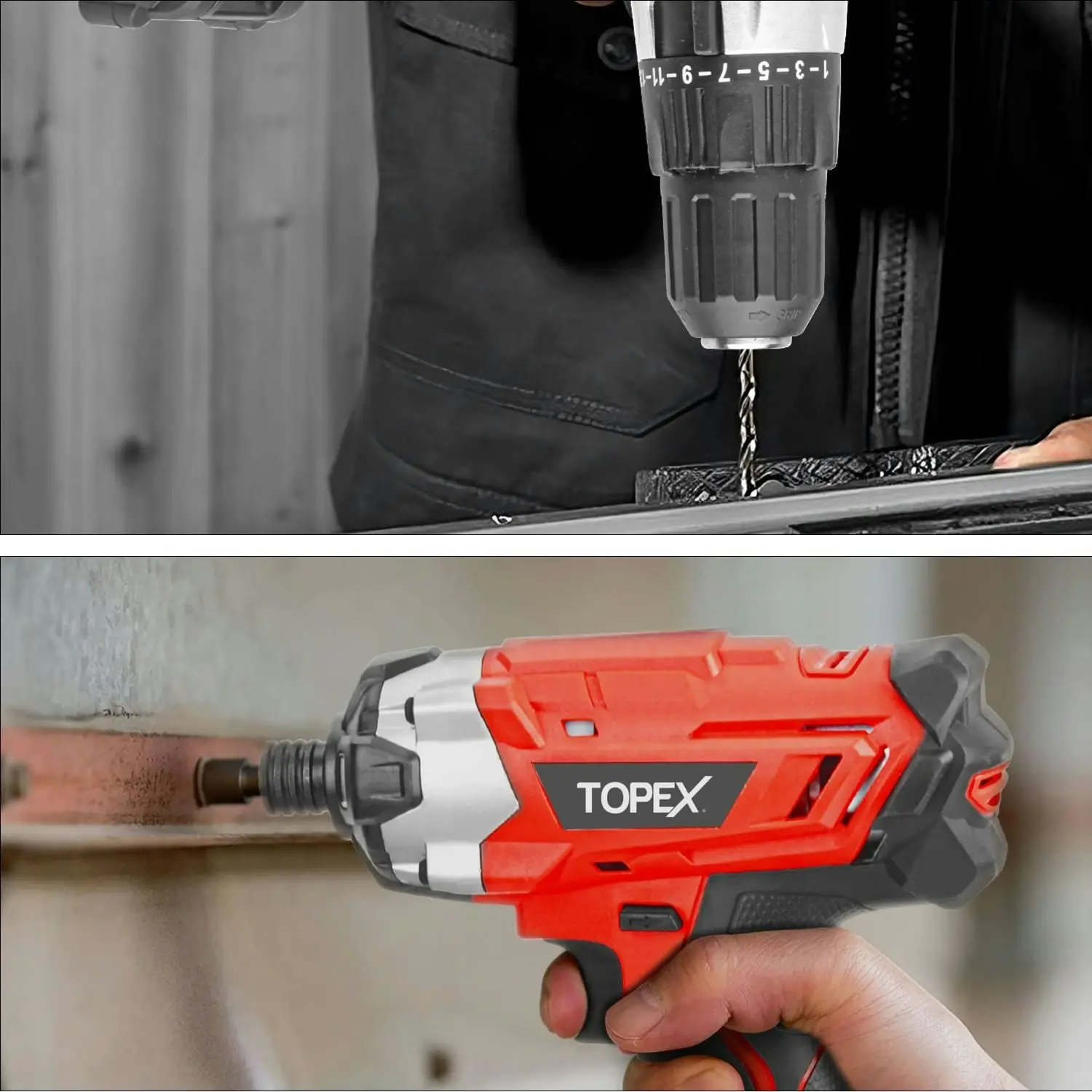 Topex 20 V Cordless Kit: Hammer Drill, Impact Driver, LED Light w/ Fast Charger