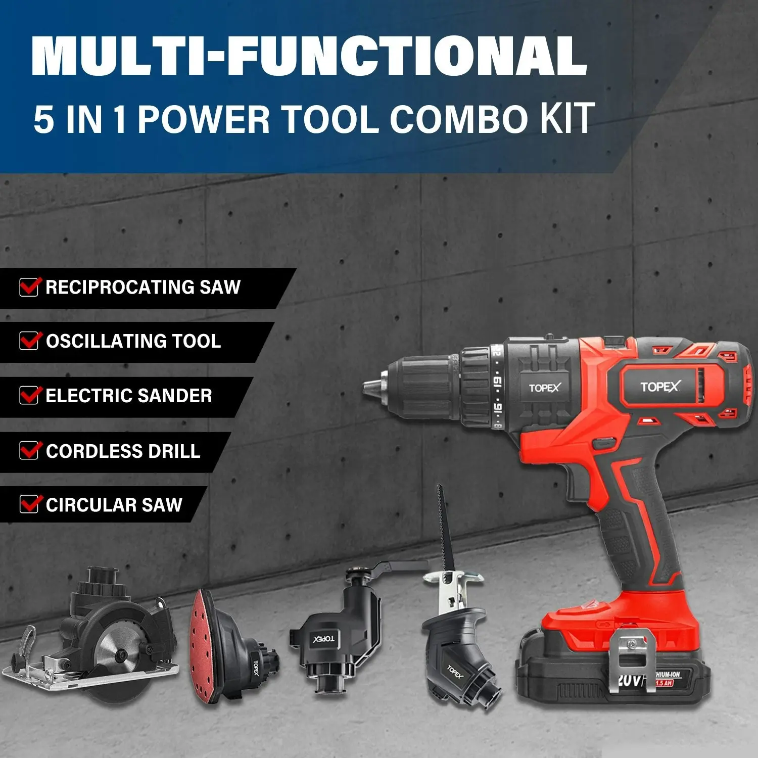 Topex 20V 5 IN1 Power Tool Combo Kit Cordless Drill Driver Sander Electric Saw