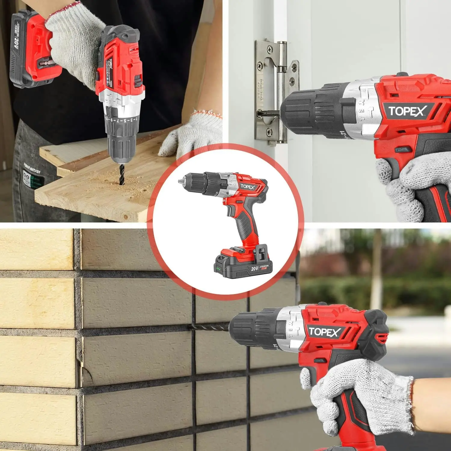 Topex 20V Max Cordless Hammer Drill w/ Li-Ion Battery & Drill Bit Set