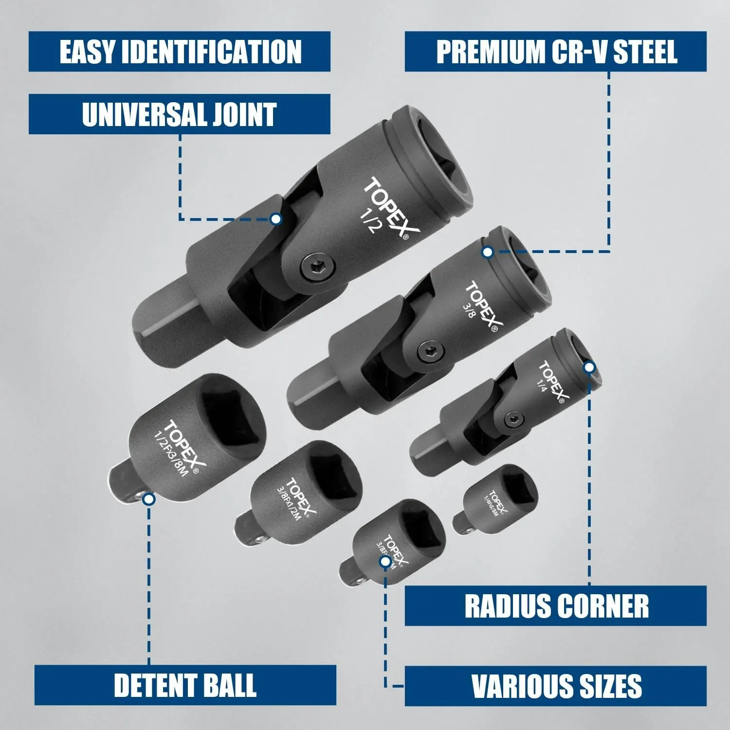 Topex 7-piece socket adaptor set 1/4" 3/8" and 1/2" universal joint socket adaptor