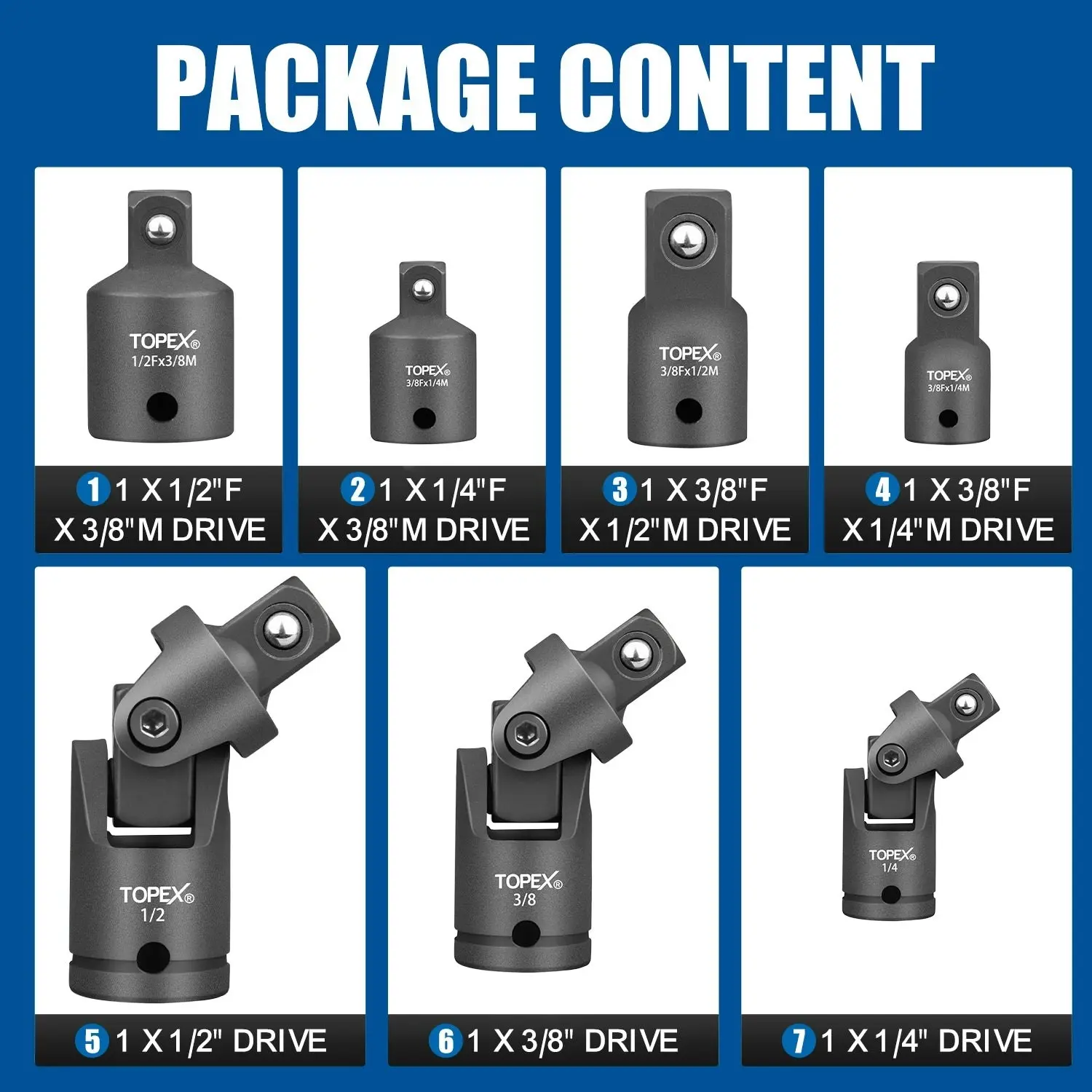 Topex 7-piece socket adaptor set 1/4" 3/8" and 1/2" universal joint socket adaptor