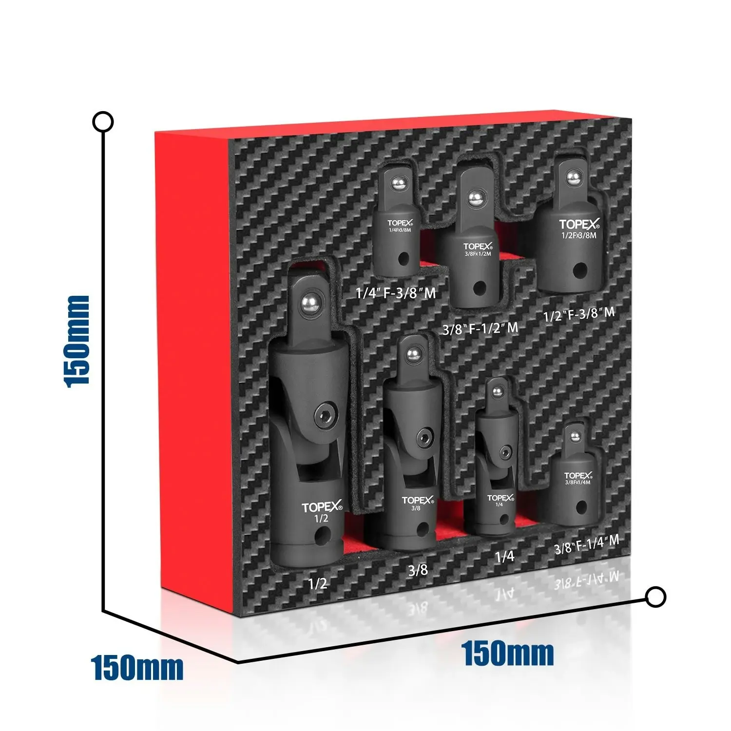 Topex 7-piece socket adaptor set 1/4" 3/8" and 1/2" universal joint socket adaptor