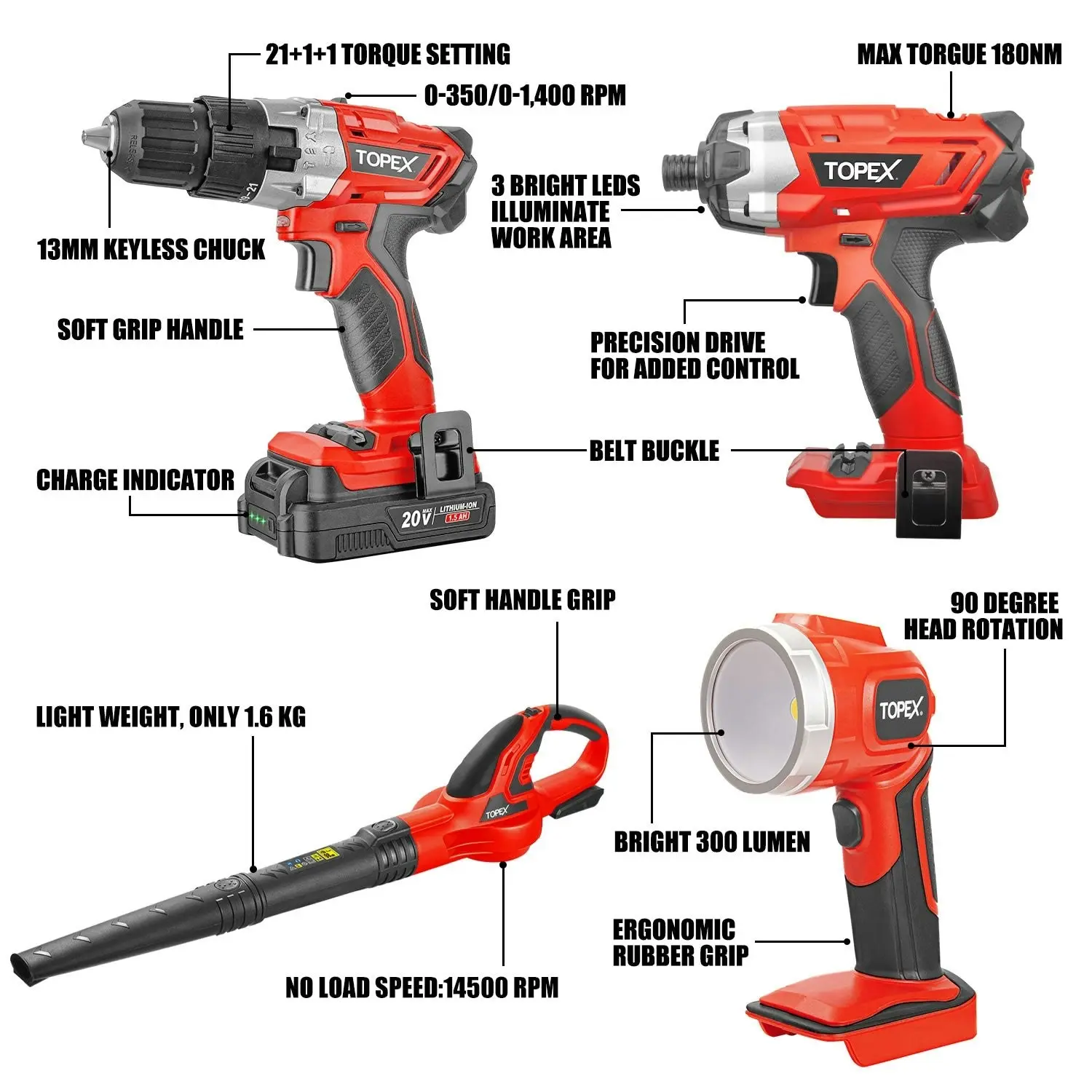 Topex 20V Combo Kit Hammer Drill Impact Driver Light Leaf Blower w/ 2 Batteries