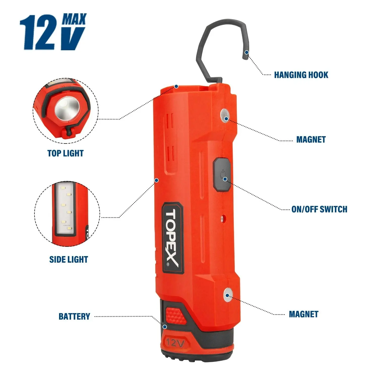 Topex 12V Cordless LED Worklight Lithium-Ion LED Torch w/ Battery & Charger