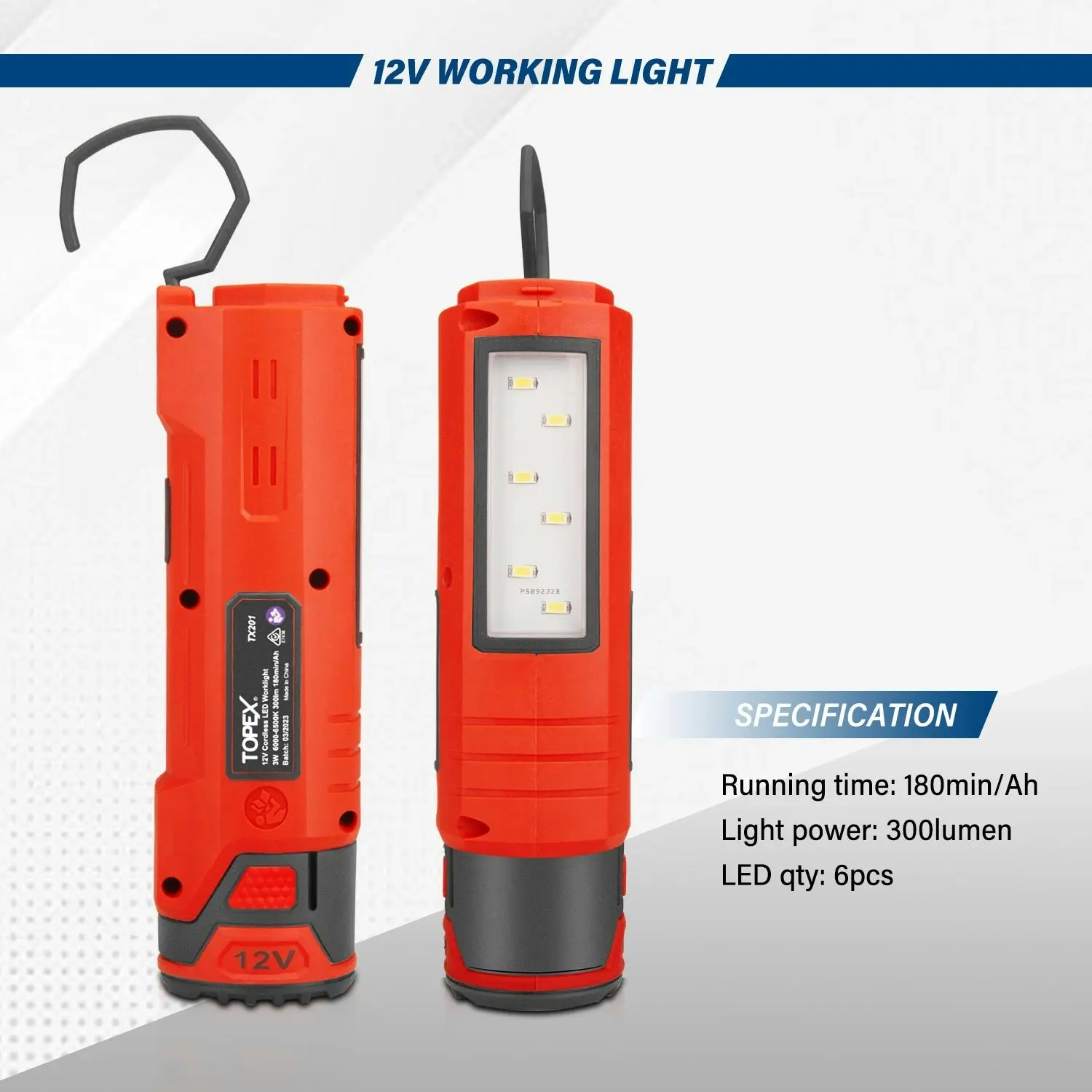 Topex 12V Cordless LED Worklight Lithium-Ion LED Torch w/ Battery & Charger